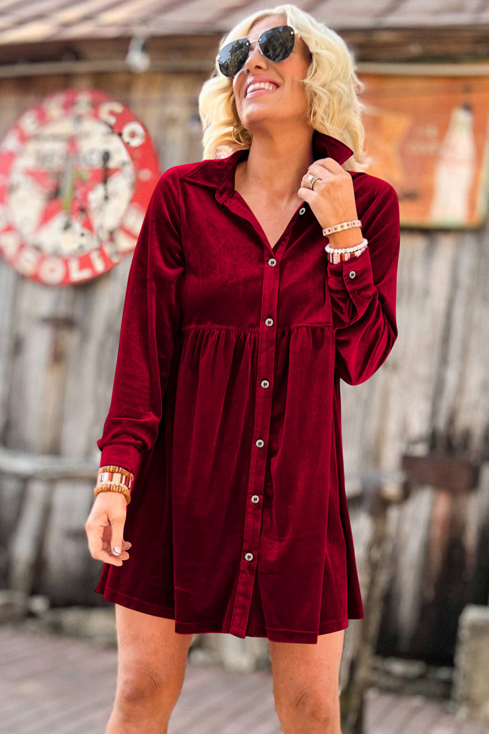 Blue Zone Planet | Fiery Red Long Sleeve Ruffle Velvet Button Up Dress-TOPS / DRESSES-[Adult]-[Female]-2022 Online Blue Zone Planet