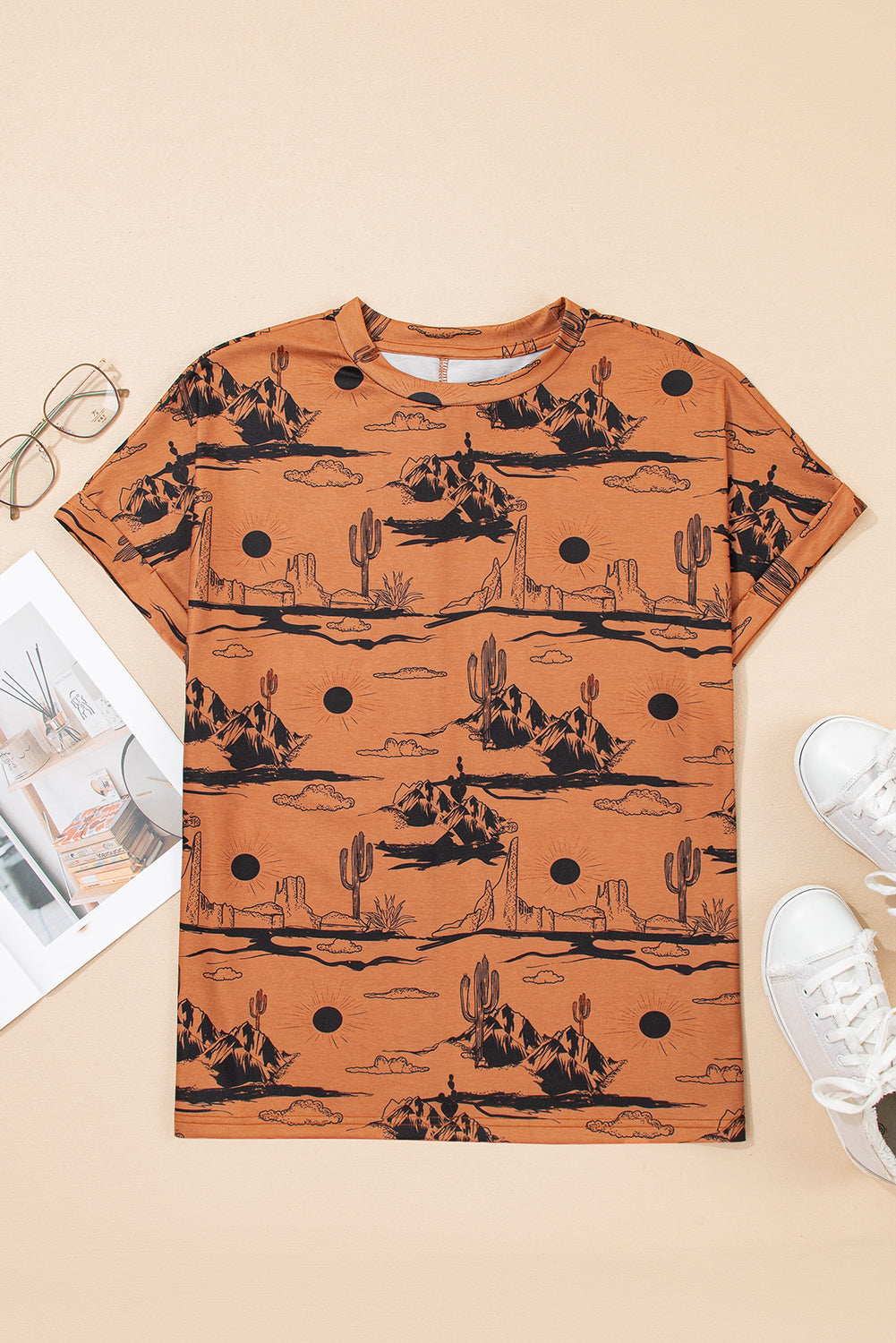 Chestnut Desert Sand Print Short Sleeve Knit Top-Tops/Tops & Tees-[Adult]-[Female]-2022 Online Blue Zone Planet