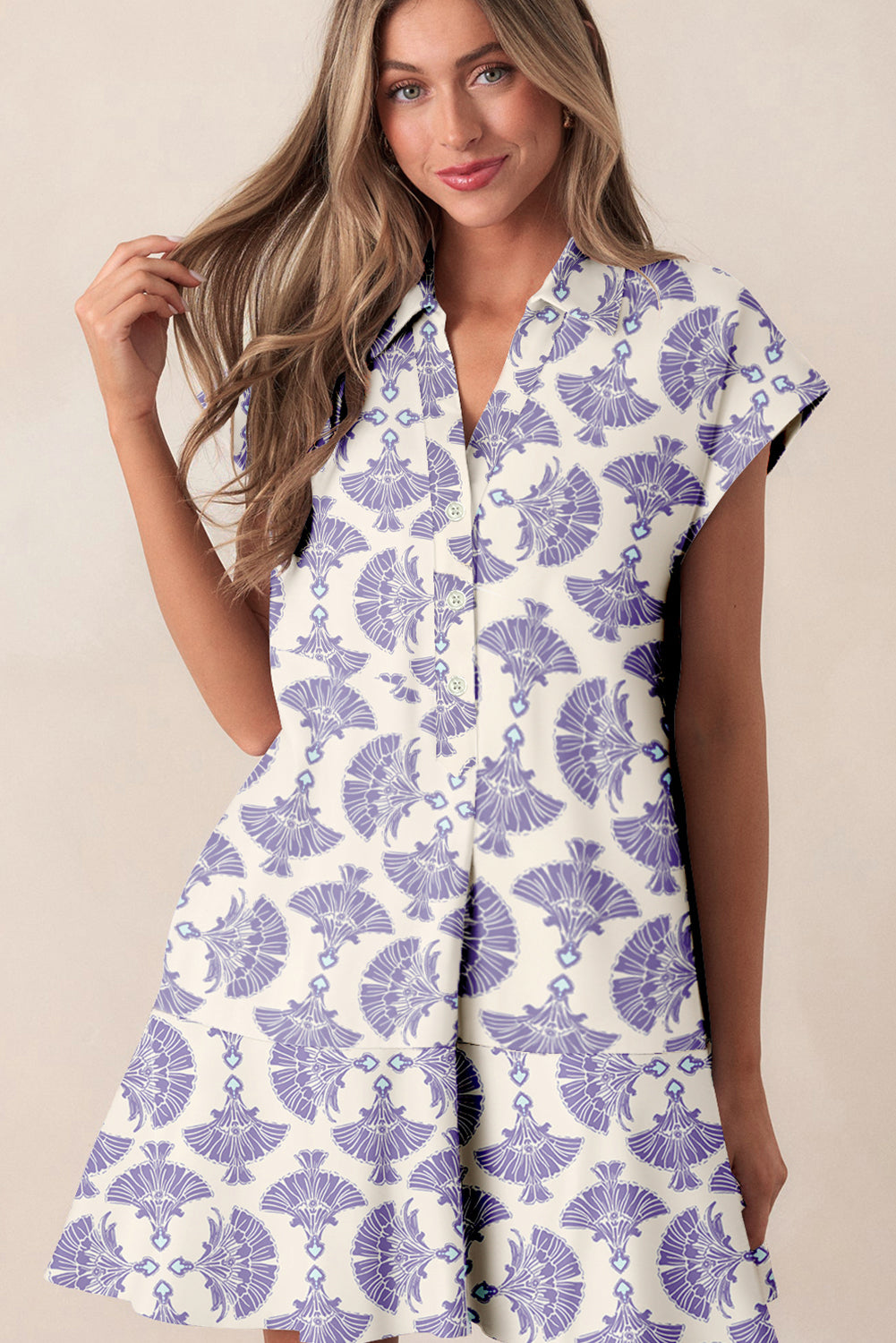 Sky Blue Printed Shirt Collar Half Button A-line Mini Dress-TOPS / DRESSES-[Adult]-[Female]-2022 Online Blue Zone Planet