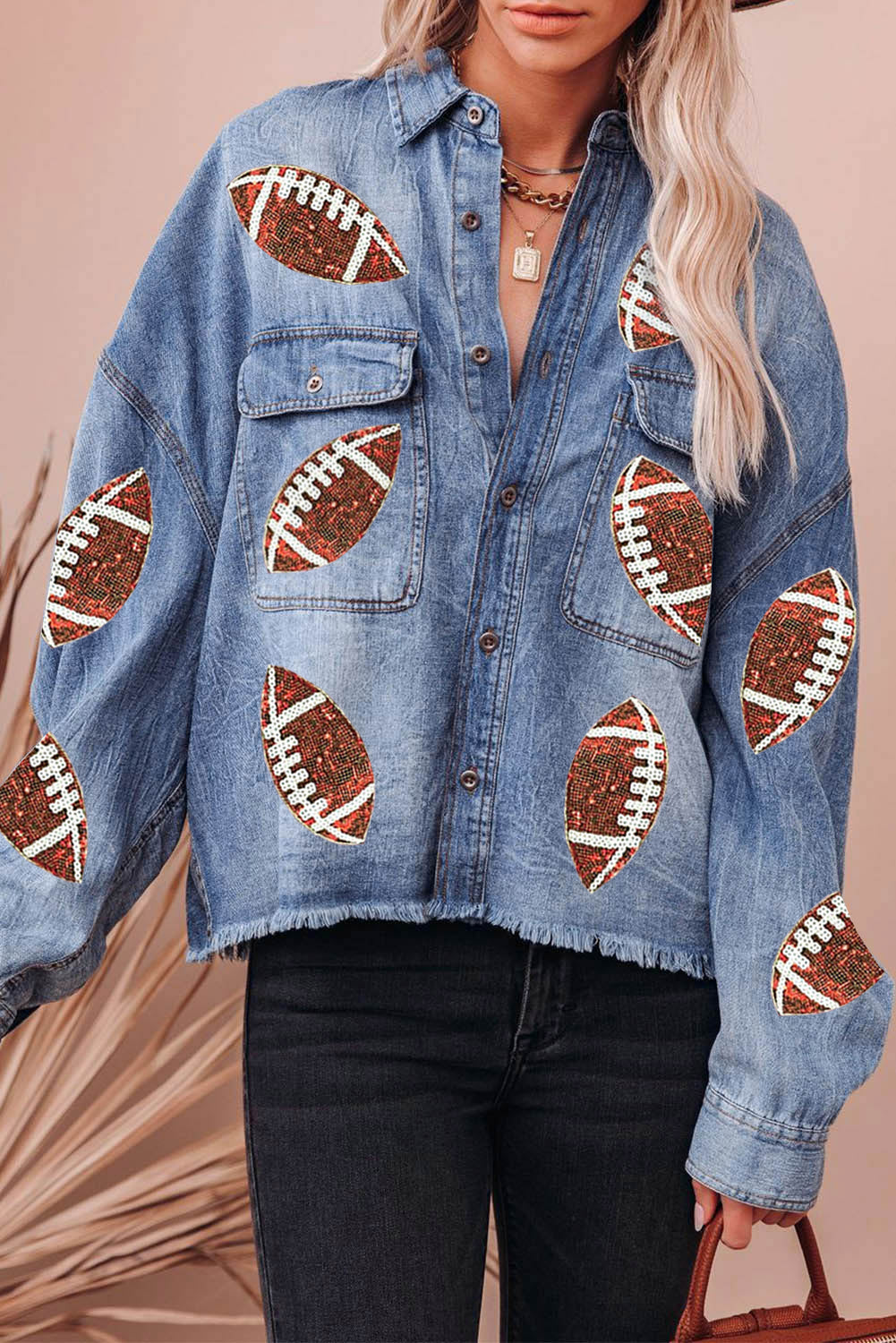 Raw Hem Sequin Football Long Sleeve Denim Jacket-TOPS / DRESSES-[Adult]-[Female]-2022 Online Blue Zone Planet