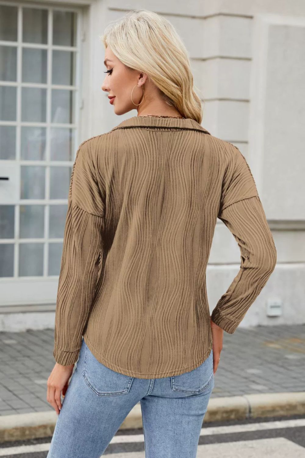 Texture Collared Neck Long Sleeve Blouse-TOPS / DRESSES-[Adult]-[Female]-2022 Online Blue Zone Planet