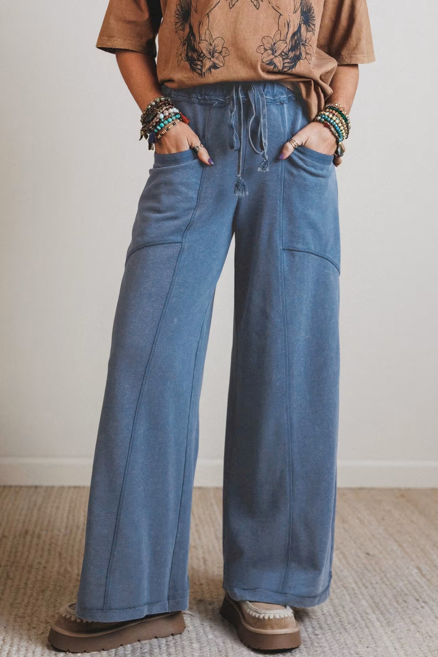 Ashleigh Blue Mineral Wash Drawstring Retro High Waist Wide Leg Western Pants-Bottoms/Pants & Culotte-[Adult]-[Female]-Ashleigh Blue-S-2022 Online Blue Zone Planet