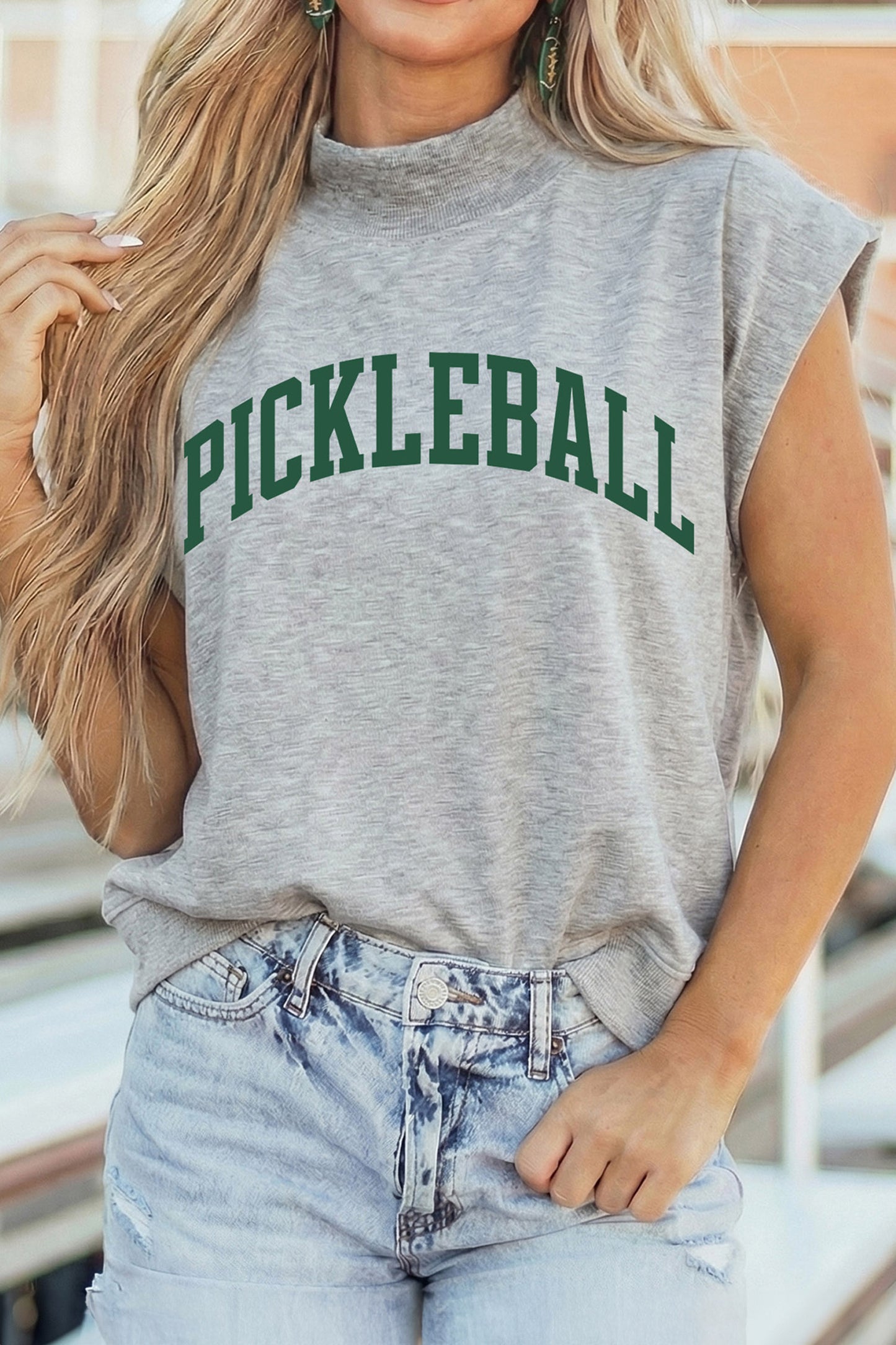 Light Grey Pickleball Lettering Mock Neck Short Sleeve Top-Graphic/Graphic Tees-[Adult]-[Female]-Light Grey-S-2022 Online Blue Zone Planet