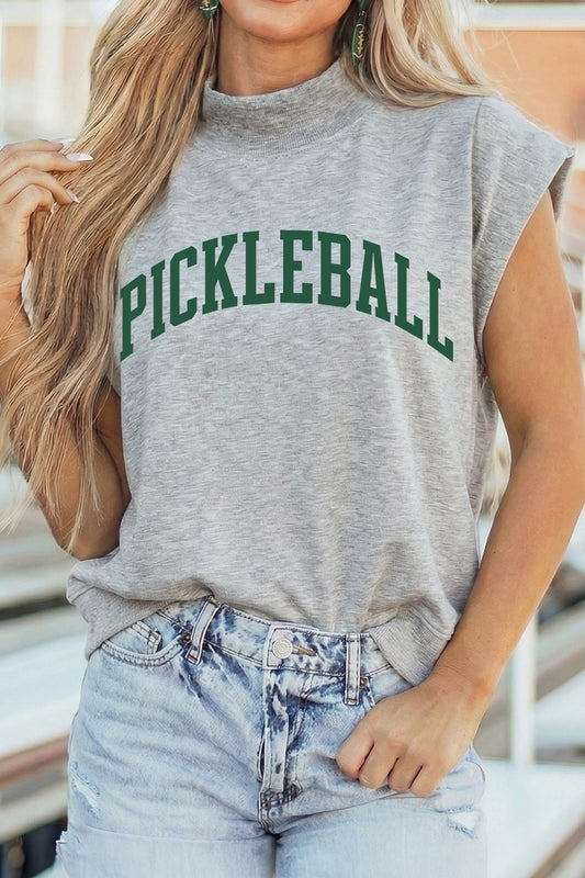 Light Grey Pickleball Lettering Mock Neck Short Sleeve Top-Graphic/Graphic Tees-[Adult]-[Female]-Light Grey-S-2022 Online Blue Zone Planet