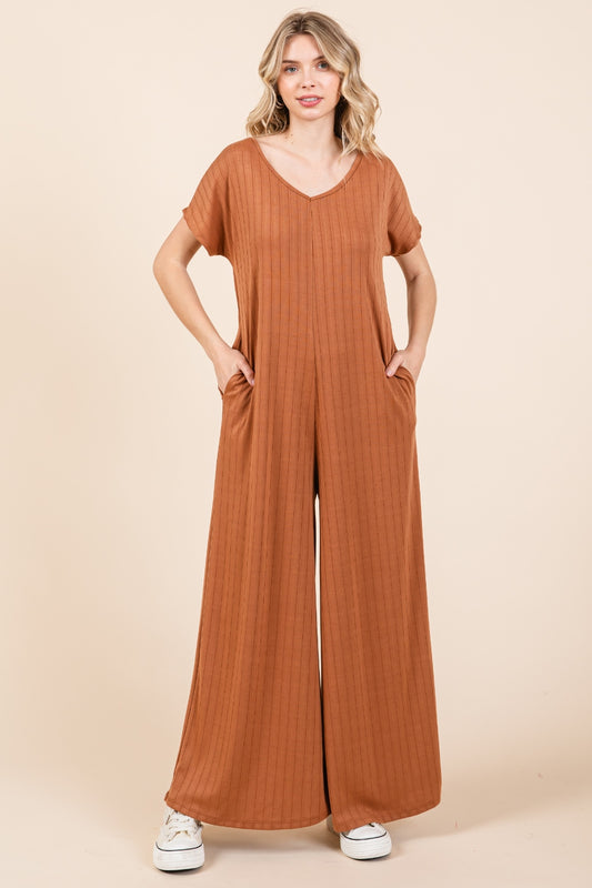 Blue Zone Planet | BOMBOM Ribbed Short Sleeve Wide Leg Jumpsuit-TOPS / DRESSES-[Adult]-[Female]-Camel-S-2022 Online Blue Zone Planet