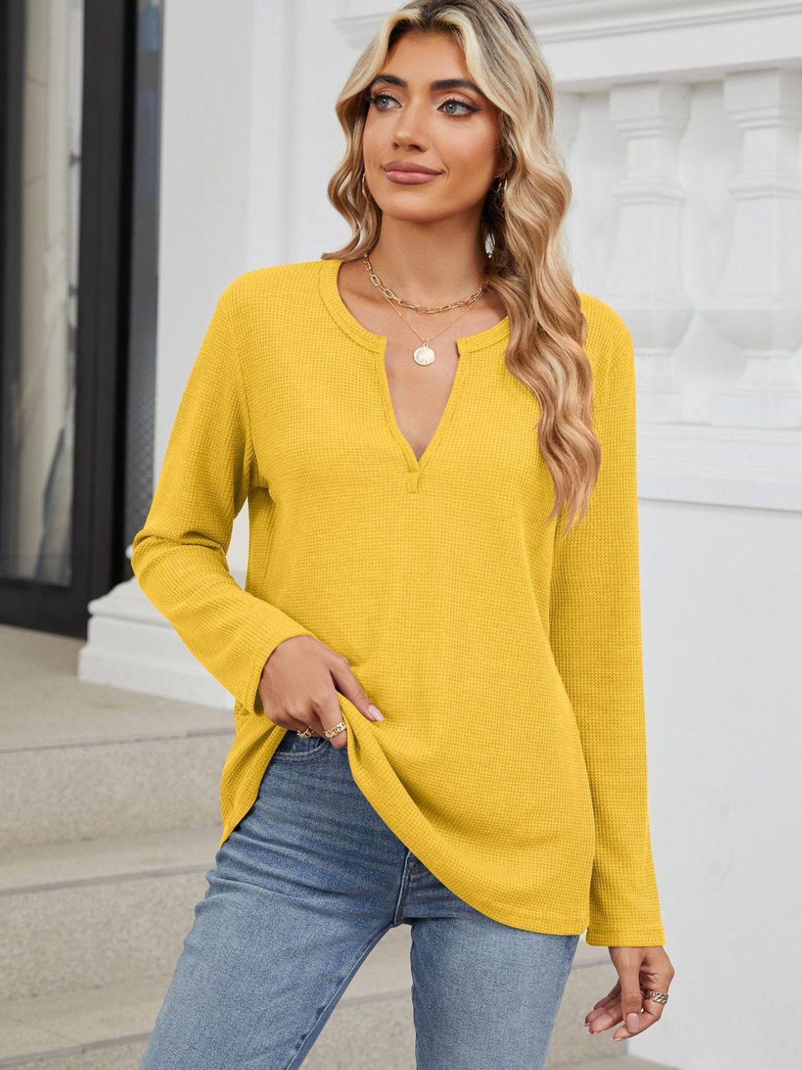 Blue Zone Planet | Waffle-Knit Notched Long Sleeve T-Shirt-TOPS / DRESSES-[Adult]-[Female]-Yellow-S-2022 Online Blue Zone Planet