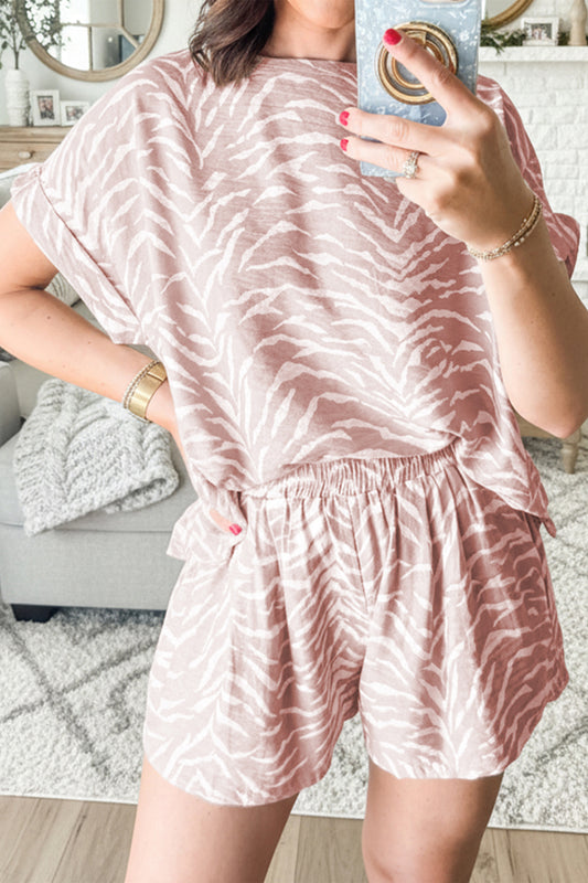 Khaki Abstract Print Cuffed Short Sleeve Loose Top Short Set-Two Piece Sets/Short Sets-[Adult]-[Female]-Khaki-S-2022 Online Blue Zone Planet