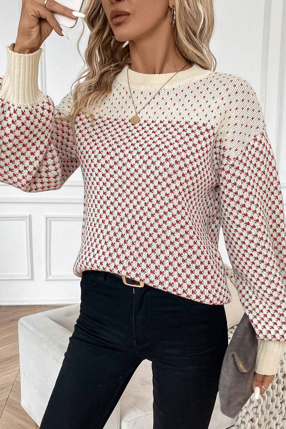 Red Contrast Color Pattern Lantern Sleeve Sweater-Sweaters & Cardigans/Sweaters-[Adult]-[Female]-2022 Online Blue Zone Planet