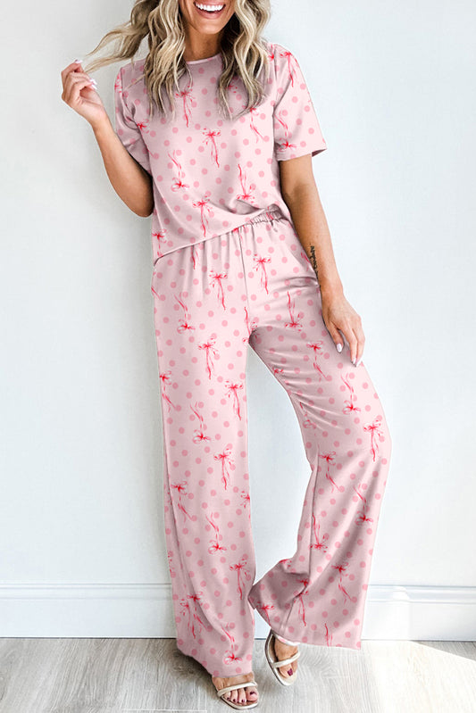 Pink Bow Knot Polka Dot Print Short Sleeve Top Lounge Set-Loungewear & Sleepwear/Loungewear-[Adult]-[Female]-Pink-S-2022 Online Blue Zone Planet