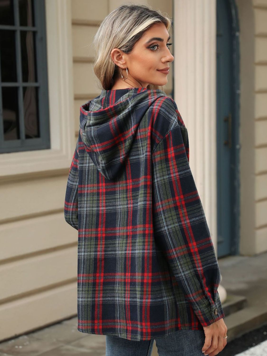 Blue Zone Planet | Drawstring Plaid Hooded Long Sleeve Top-TOPS / DRESSES-[Adult]-[Female]-2022 Online Blue Zone Planet