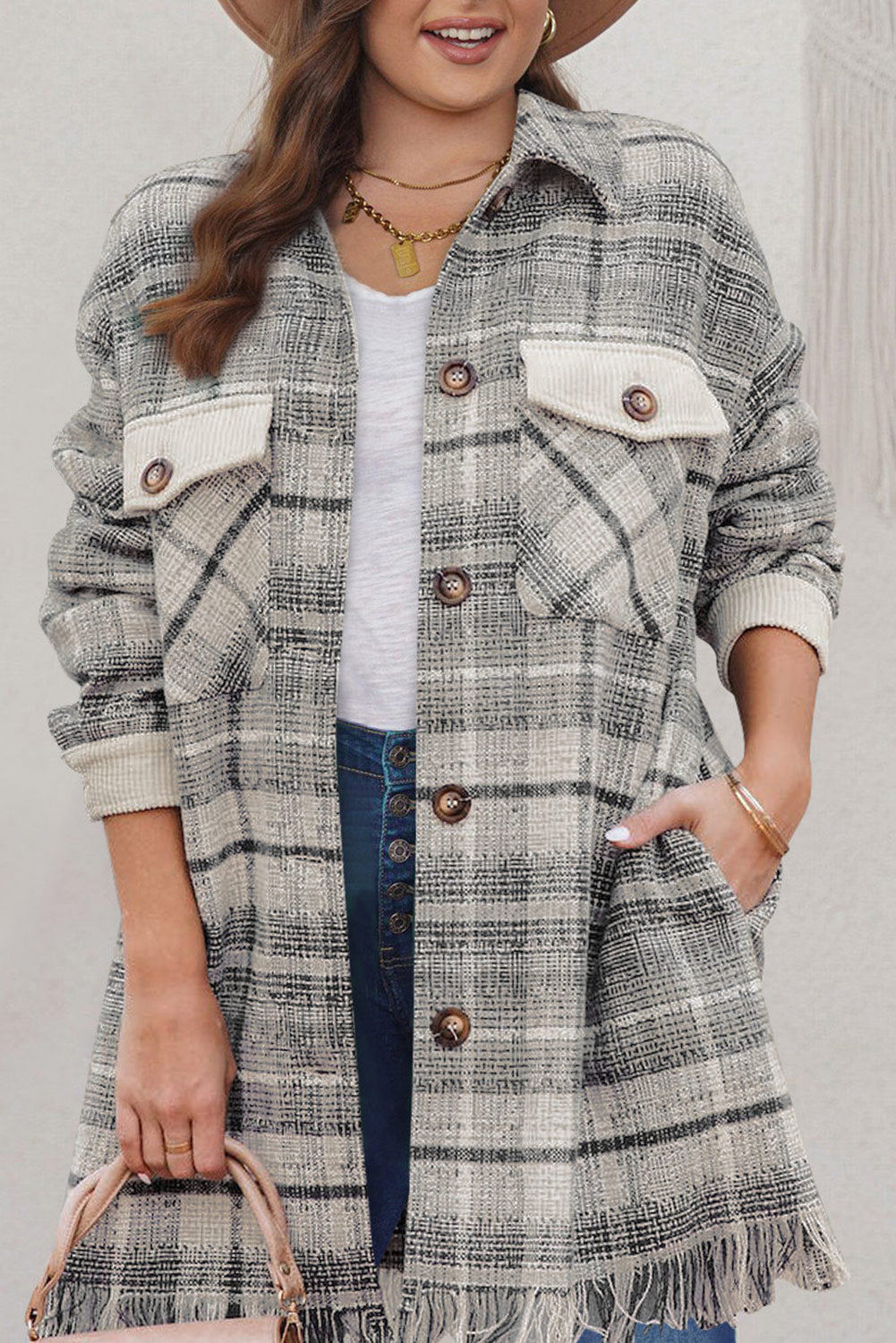 Black Plus Size Macrame Plaid Coat-Plus Size/Plus Size Outerwear-[Adult]-[Female]-Gray-1X-2022 Online Blue Zone Planet