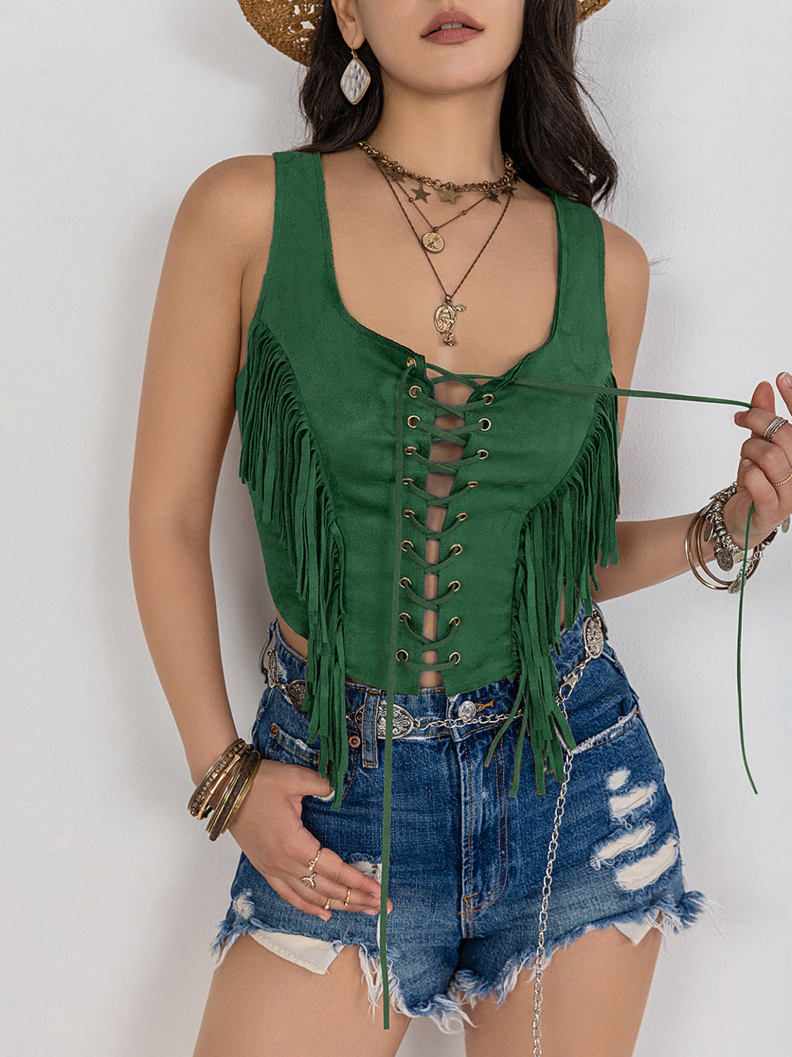 Fringe Lace-Up Wide Strap Tank-TOPS / DRESSES-[Adult]-[Female]-Dark Green-S-2022 Online Blue Zone Planet