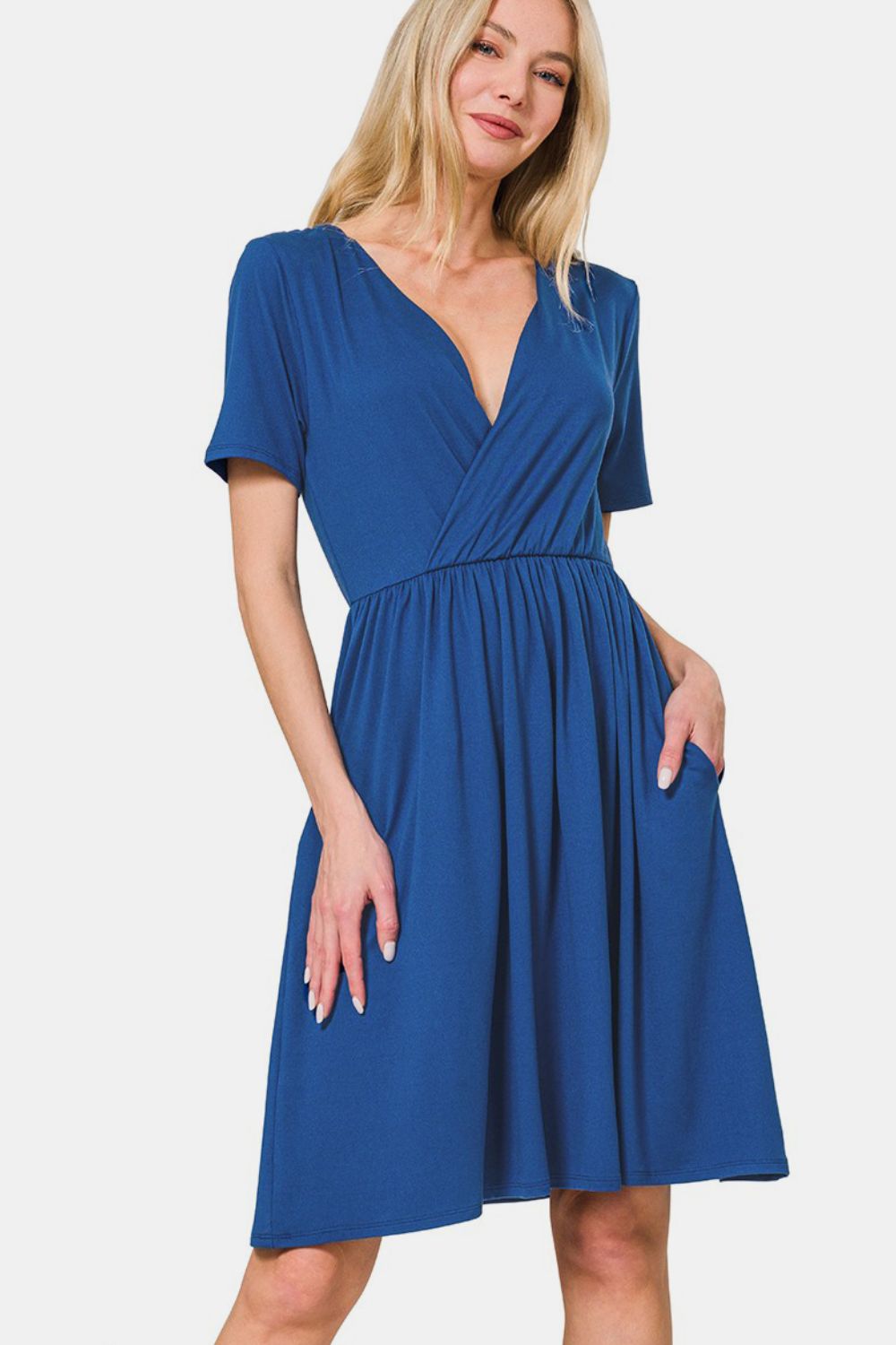 Zenana Surplice Short Sleeve Brushed DTY Dress-TOPS / DRESSES-[Adult]-[Female]-2022 Online Blue Zone Planet