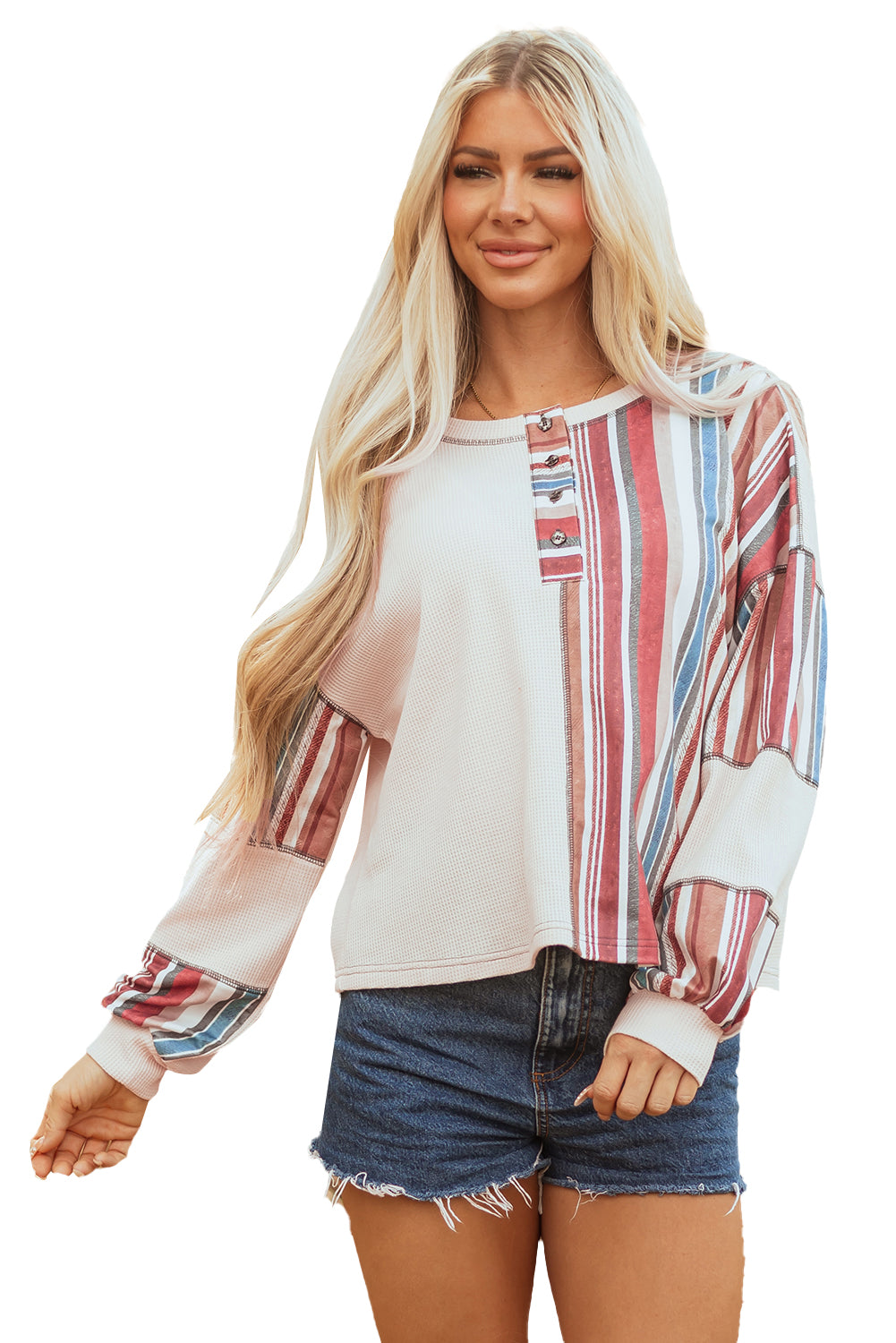 Beige Striped Waffle Patchwork Exposed Seam Raw Edge Casual Knit Top-Tops/Blouses & Shirts-[Adult]-[Female]-2022 Online Blue Zone Planet