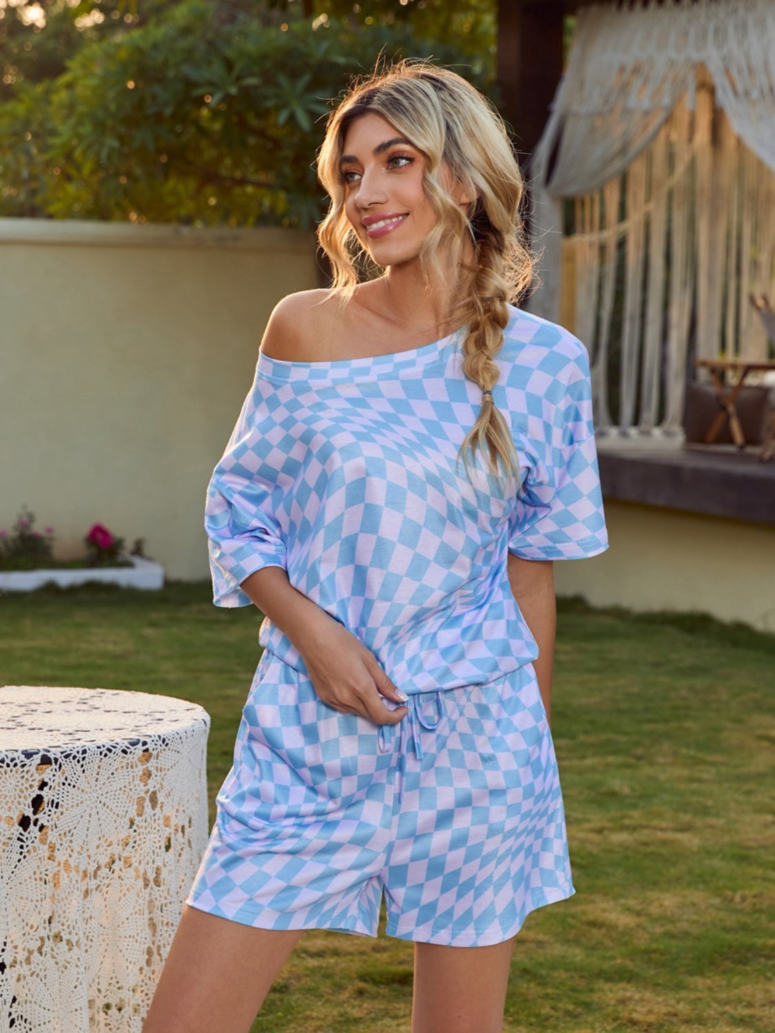 Blue Zone Planet | Plaid Round Neck Top and Shorts Lounge Set-TOPS / DRESSES-[Adult]-[Female]-2022 Online Blue Zone Planet