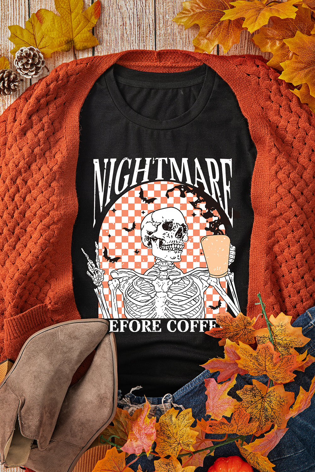 Black Nightmare Before Coffee Skull Checkerboard Graphic Halloween Tee-Graphic/Graphic Tees-[Adult]-[Female]-2022 Online Blue Zone Planet