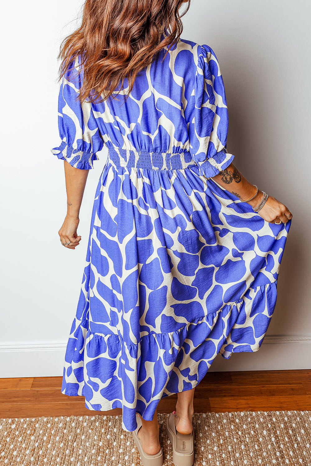 Sky Blue Abstract Print Smocked Waist Puff Half Sleeve Maxi Dress-TOPS / DRESSES-[Adult]-[Female]-2022 Online Blue Zone Planet