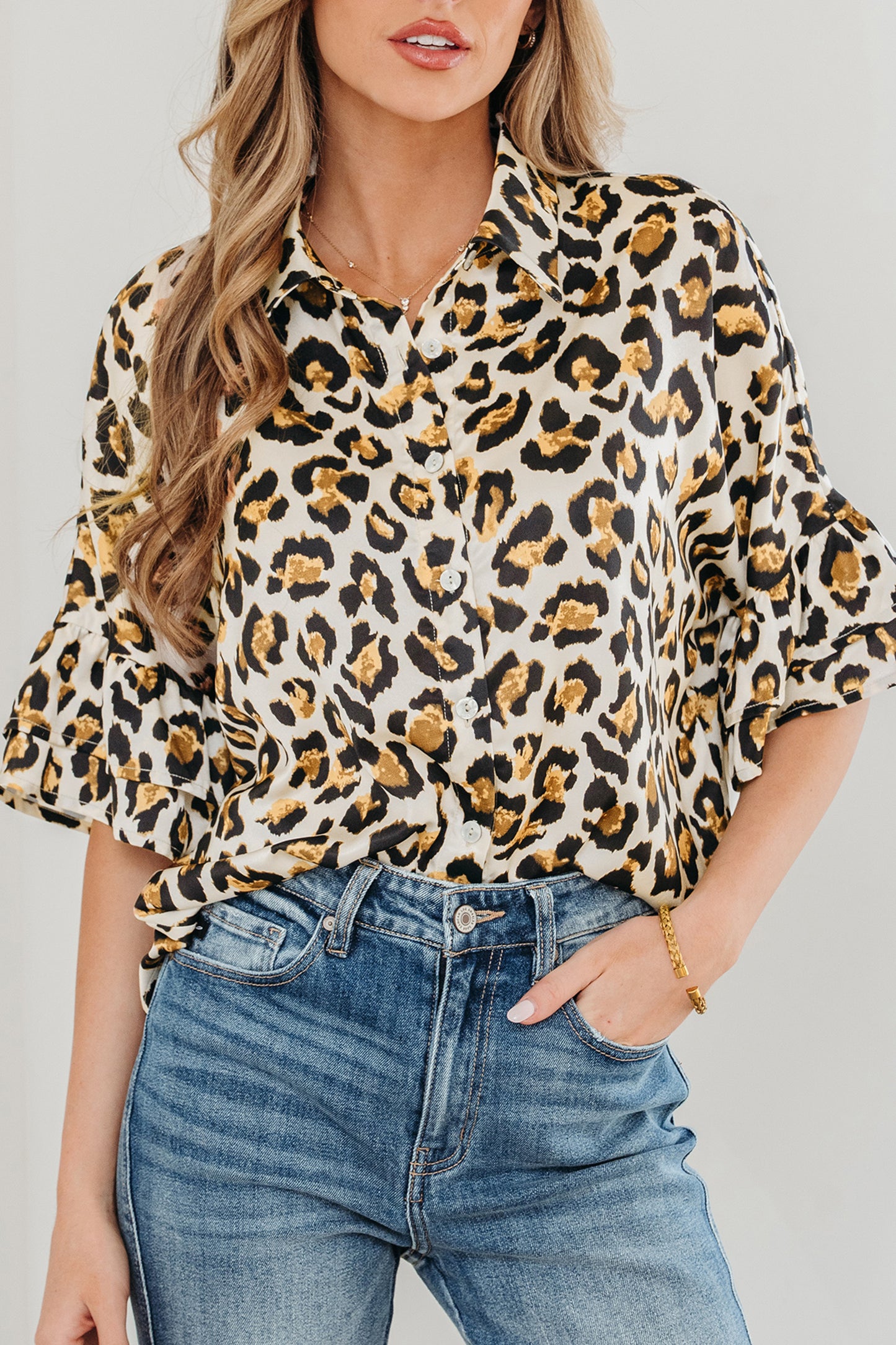 Khaki Leopard Print Ruffle Trim 3/4 Sleeve Loose Shirt-Tops/Blouses & Shirts-[Adult]-[Female]-2022 Online Blue Zone Planet