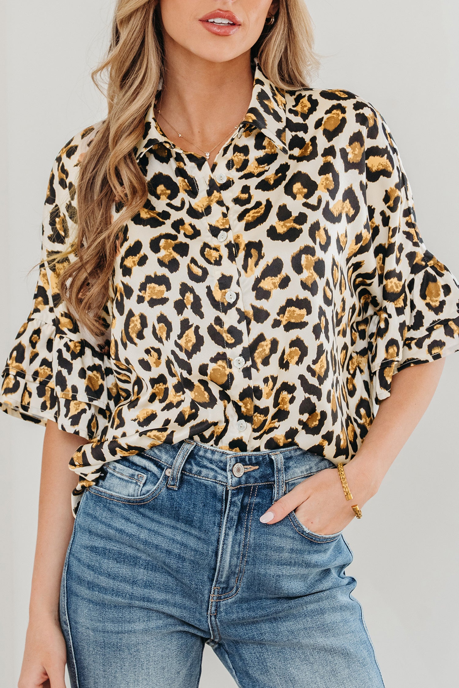 Khaki Leopard Print Ruffle Trim 3/4 Sleeve Loose Shirt-Tops/Blouses & Shirts-[Adult]-[Female]-2022 Online Blue Zone Planet