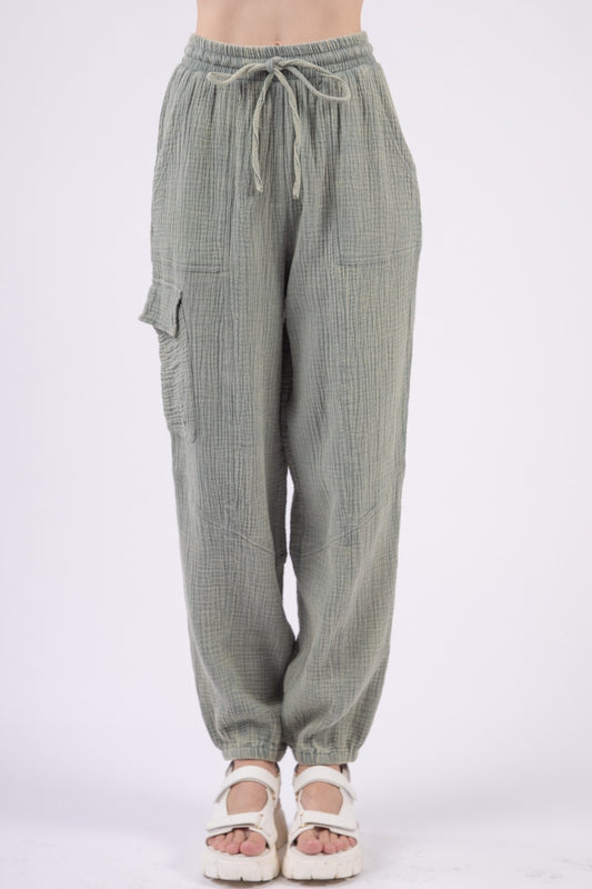 VERY J Washed Woven Crinkle Gauze Drawstring Pants-BOTTOMS SIZES SMALL MEDIUM LARGE-[Adult]-[Female]-Sage-S-2022 Online Blue Zone Planet