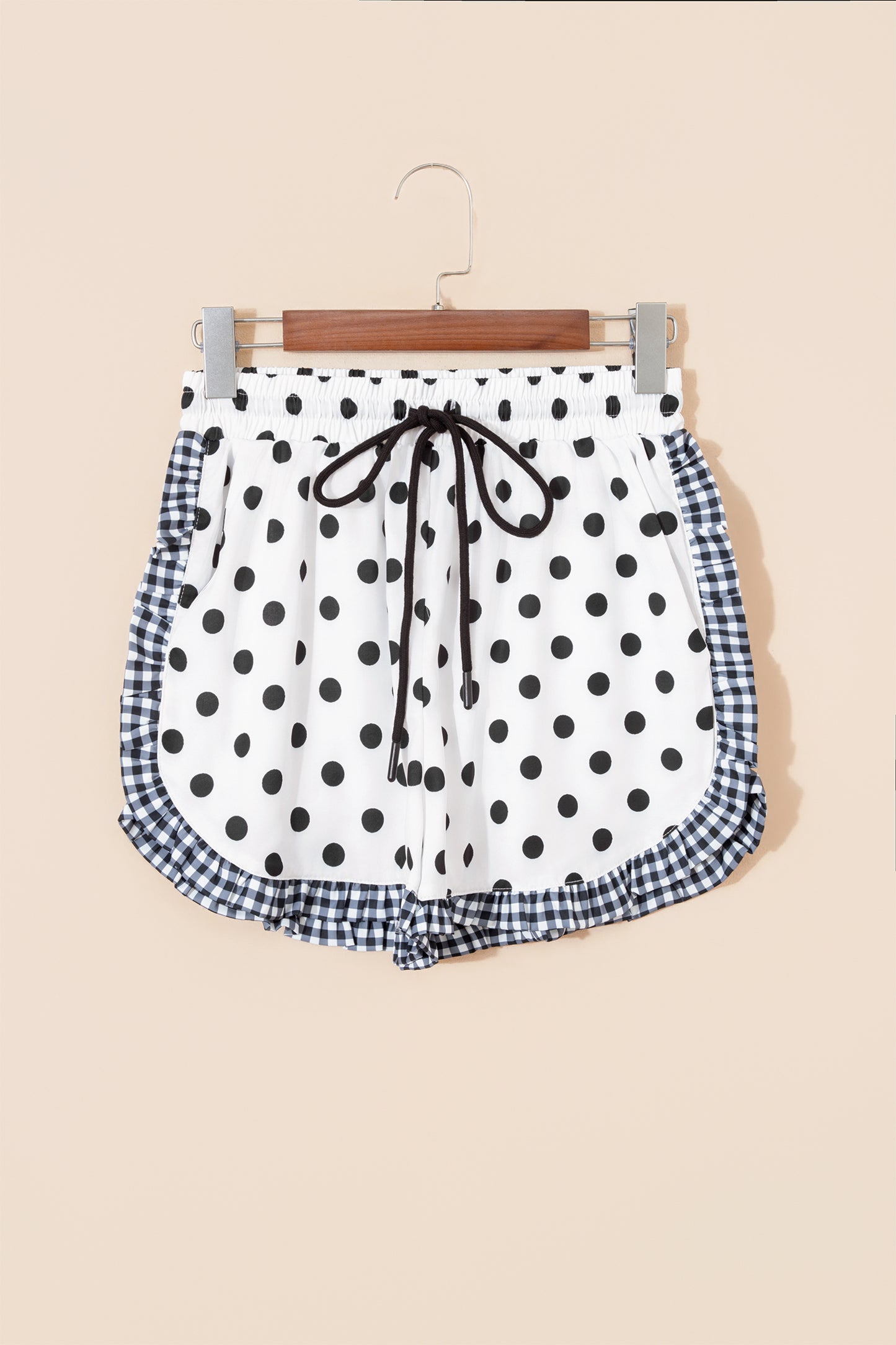 White Polka Dot Contrast Ruffle Trim Shorts-Bottoms/Casual Shorts-[Adult]-[Female]-2022 Online Blue Zone Planet