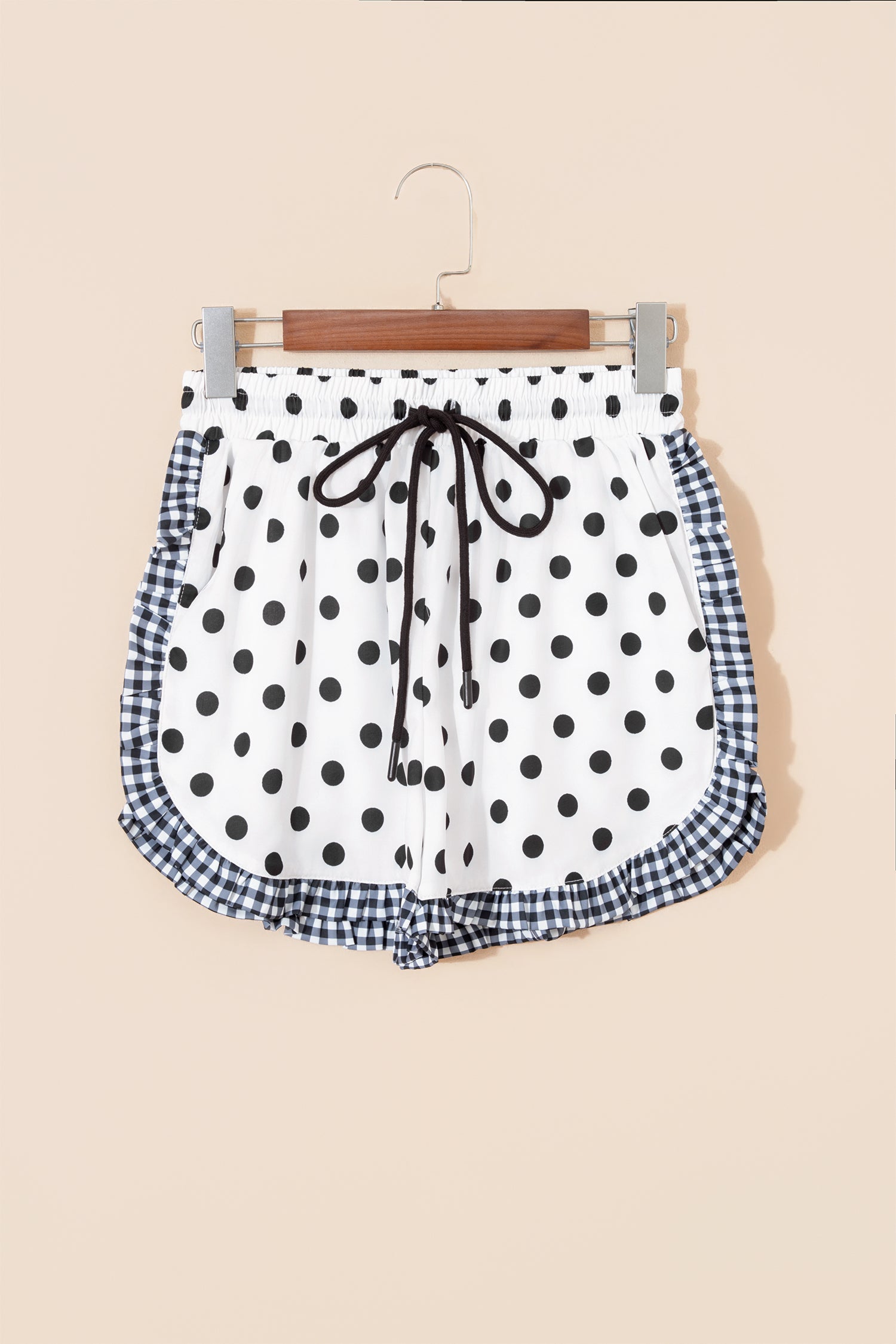 White Polka Dot Contrast Ruffle Trim Shorts-Bottoms/Casual Shorts-[Adult]-[Female]-2022 Online Blue Zone Planet