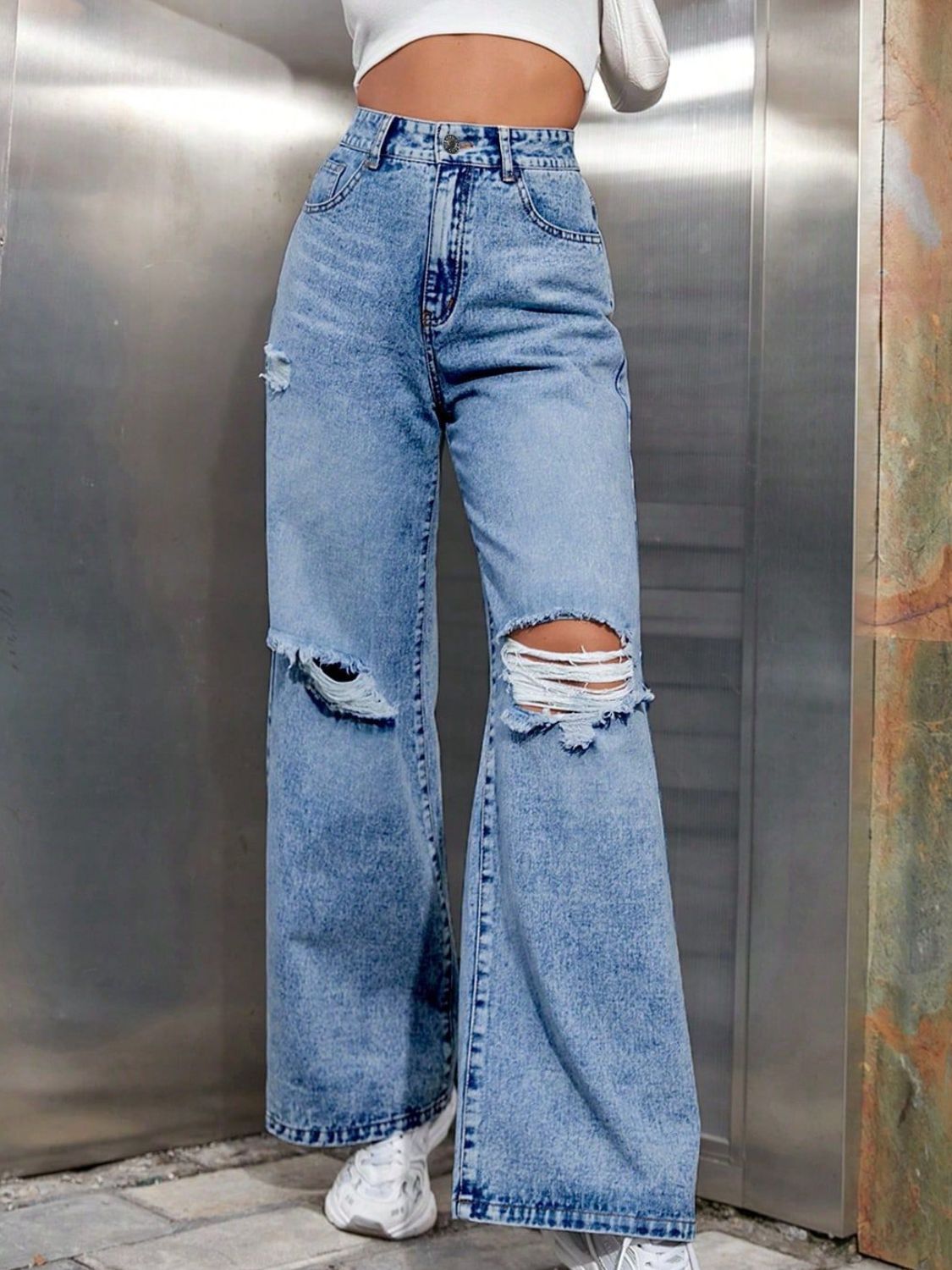 Blue Zone Planet | Distressed Wide Leg Jeans with Pockets-BOTTOM SIZES SMALL MEDIUM LARGE-[Adult]-[Female]-2022 Online Blue Zone Planet