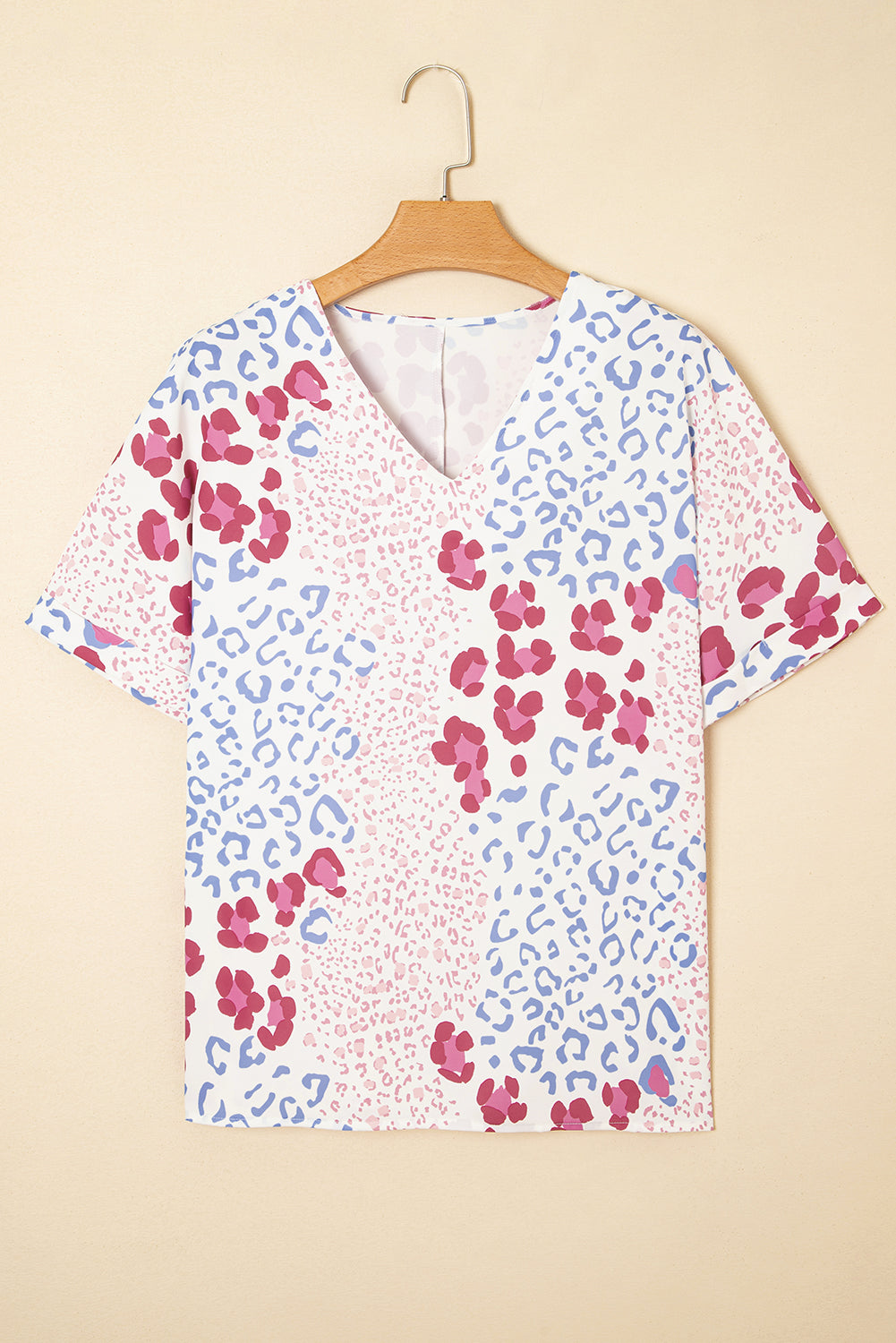 Pink Mixed Leopard Print V Neck Short Sleeve Blouse-Tops/Blouses & Shirts-[Adult]-[Female]-2022 Online Blue Zone Planet