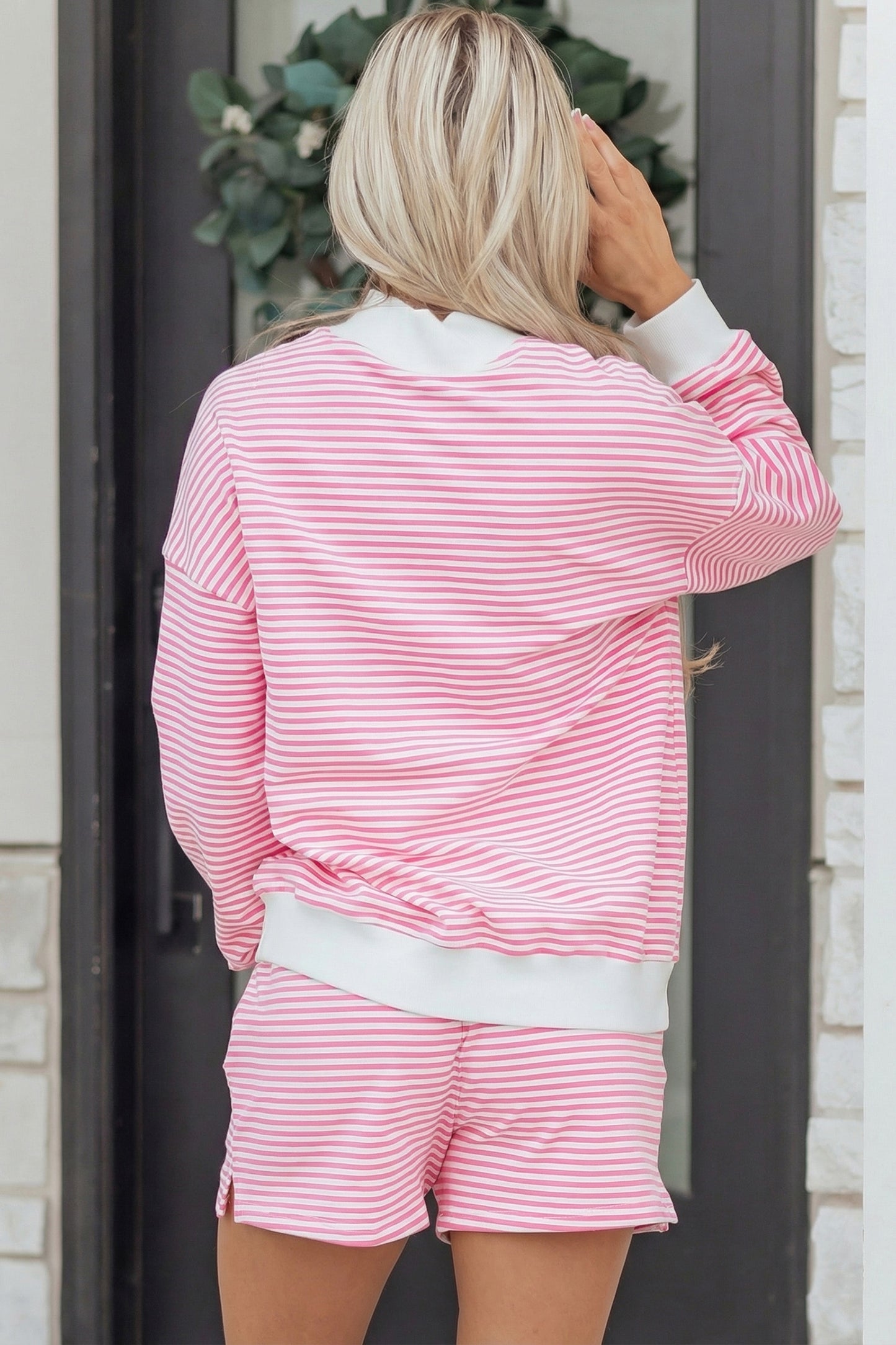 Pink Stripe Oversize Mock Neck Sweatshirt and Shorts Set-Two Piece Sets/Short Sets-[Adult]-[Female]-2022 Online Blue Zone Planet