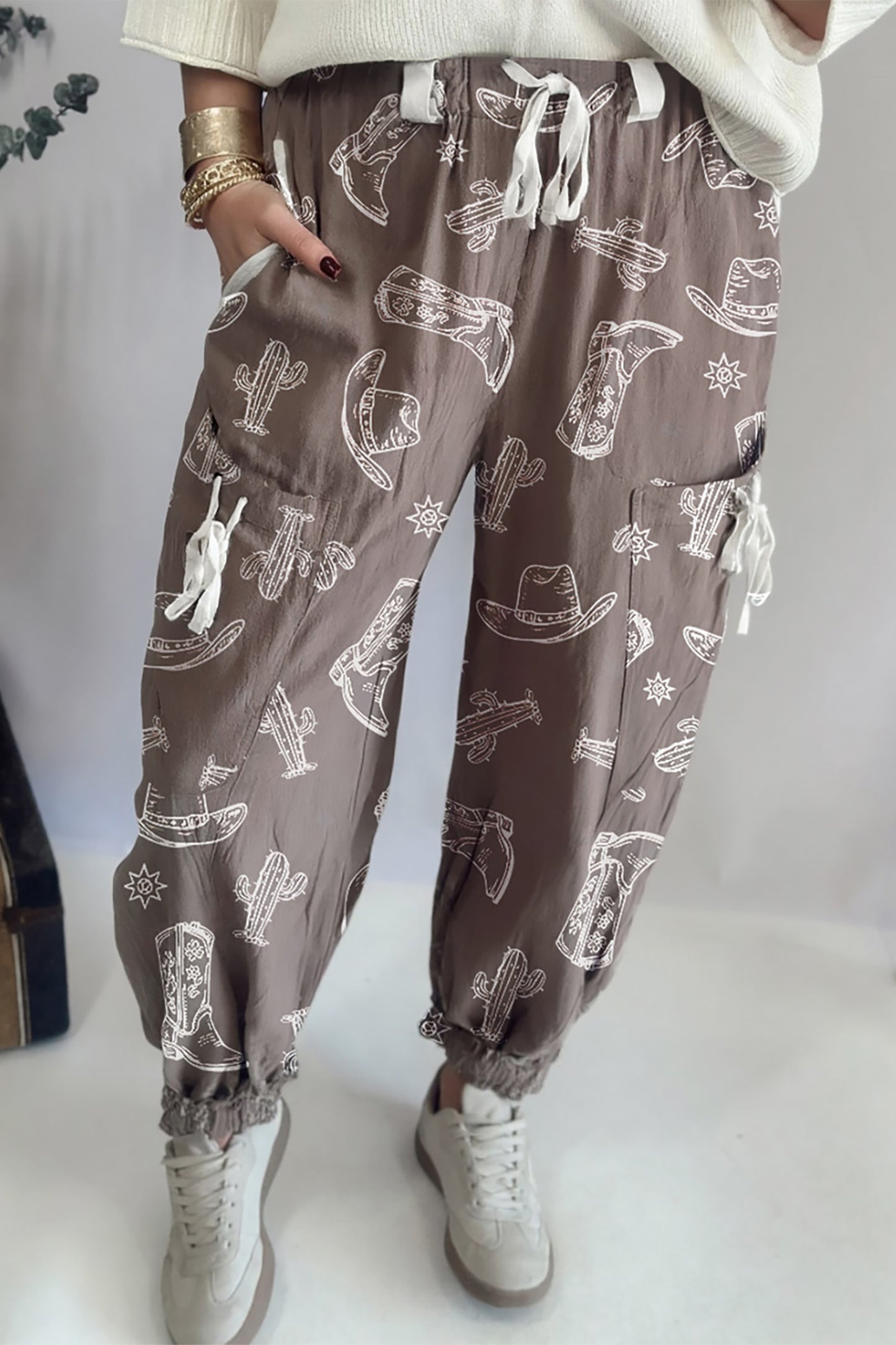 Khaki Western Cactus Cowgirl Hat Boot Printed Vintage Drawstring Jogger Pants-Bottoms/Pants & Culotte-[Adult]-[Female]-Khaki-S-2022 Online Blue Zone Planet