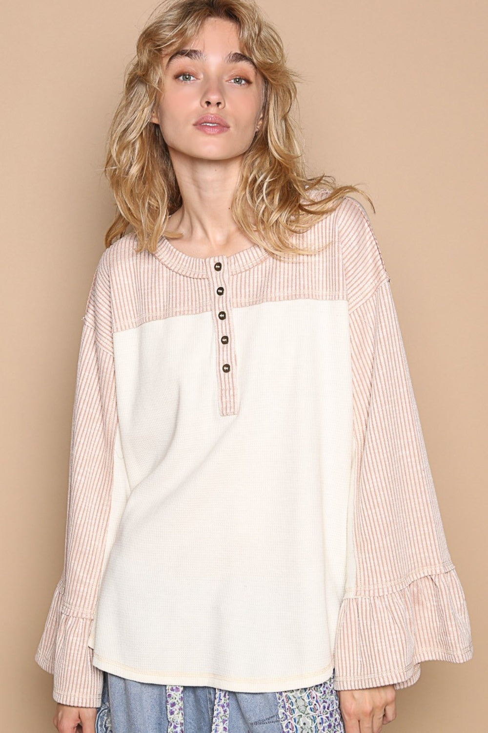 POL Striped Flounce Sleeve Exposed Seam Top-TOPS / DRESSES-[Adult]-[Female]-Cream/Pink-S-2022 Online Blue Zone Planet