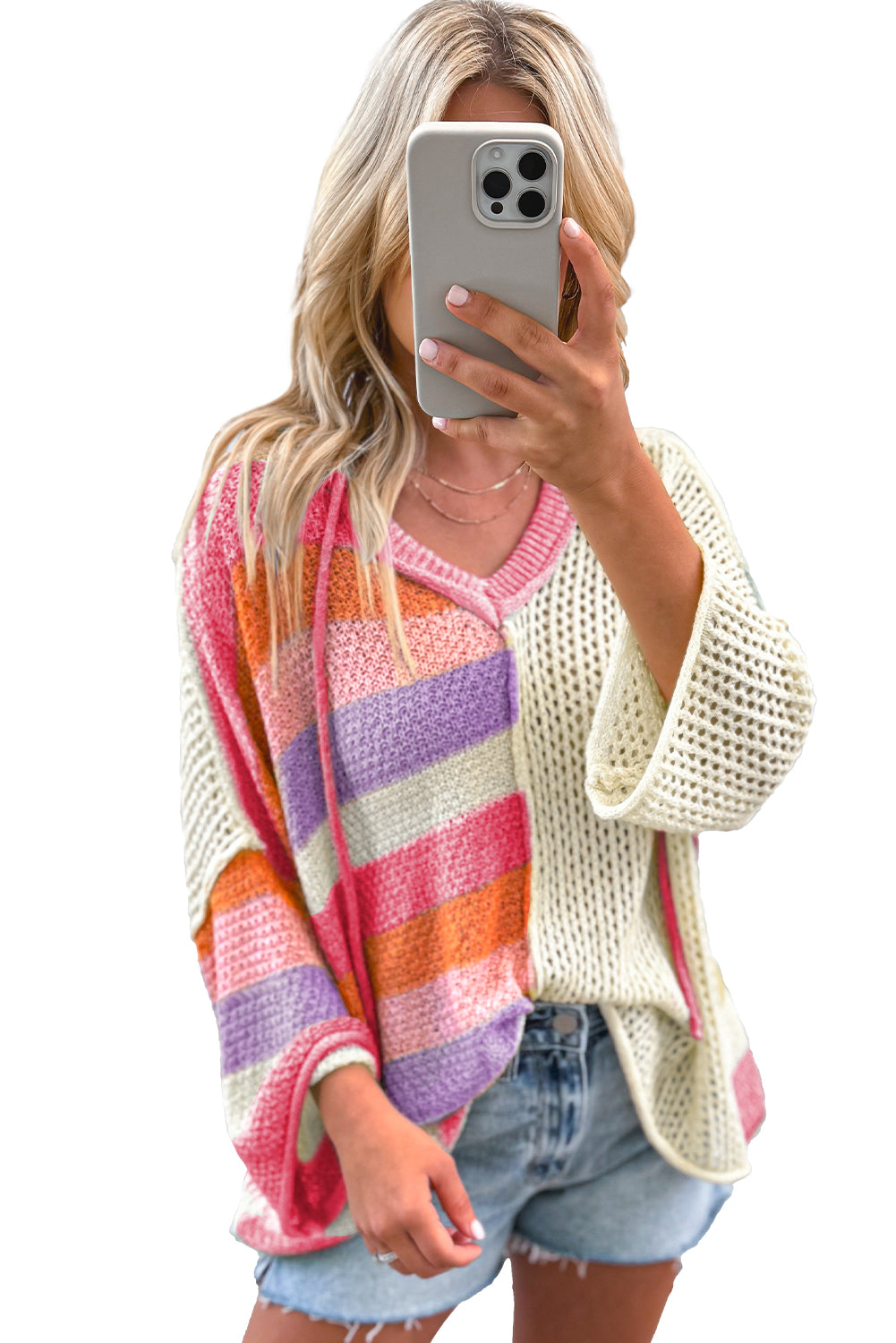 Beige Oversized Colorblock V Neck Hooded Sweater-Sweaters & Cardigans/Sweaters-[Adult]-[Female]-2022 Online Blue Zone Planet