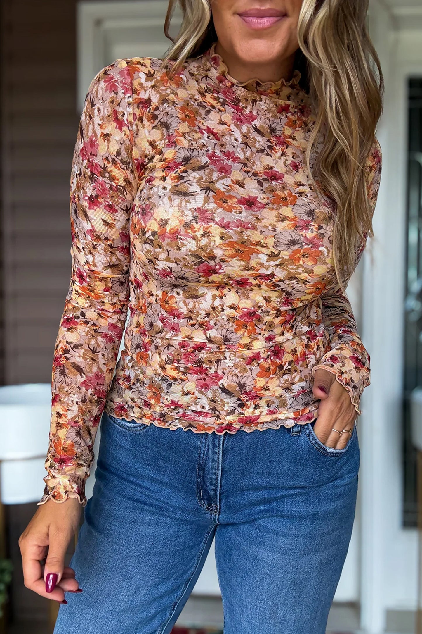 Red Lettuce Trim Floral Print Mesh Long Sleeve Top-Tops/Long Sleeve Tops-[Adult]-[Female]-2022 Online Blue Zone Planet