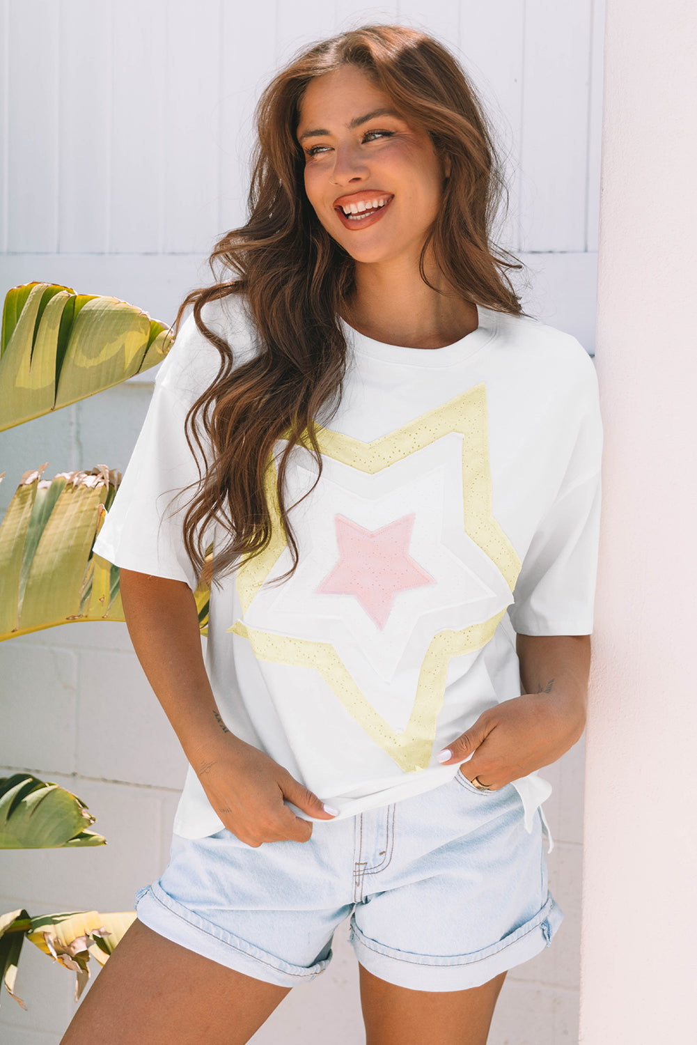 White Star Layered Patched Graphic Drop Shoulder Half Sleeve Loose Tee-Tops/Tops & Tees-[Adult]-[Female]-2022 Online Blue Zone Planet