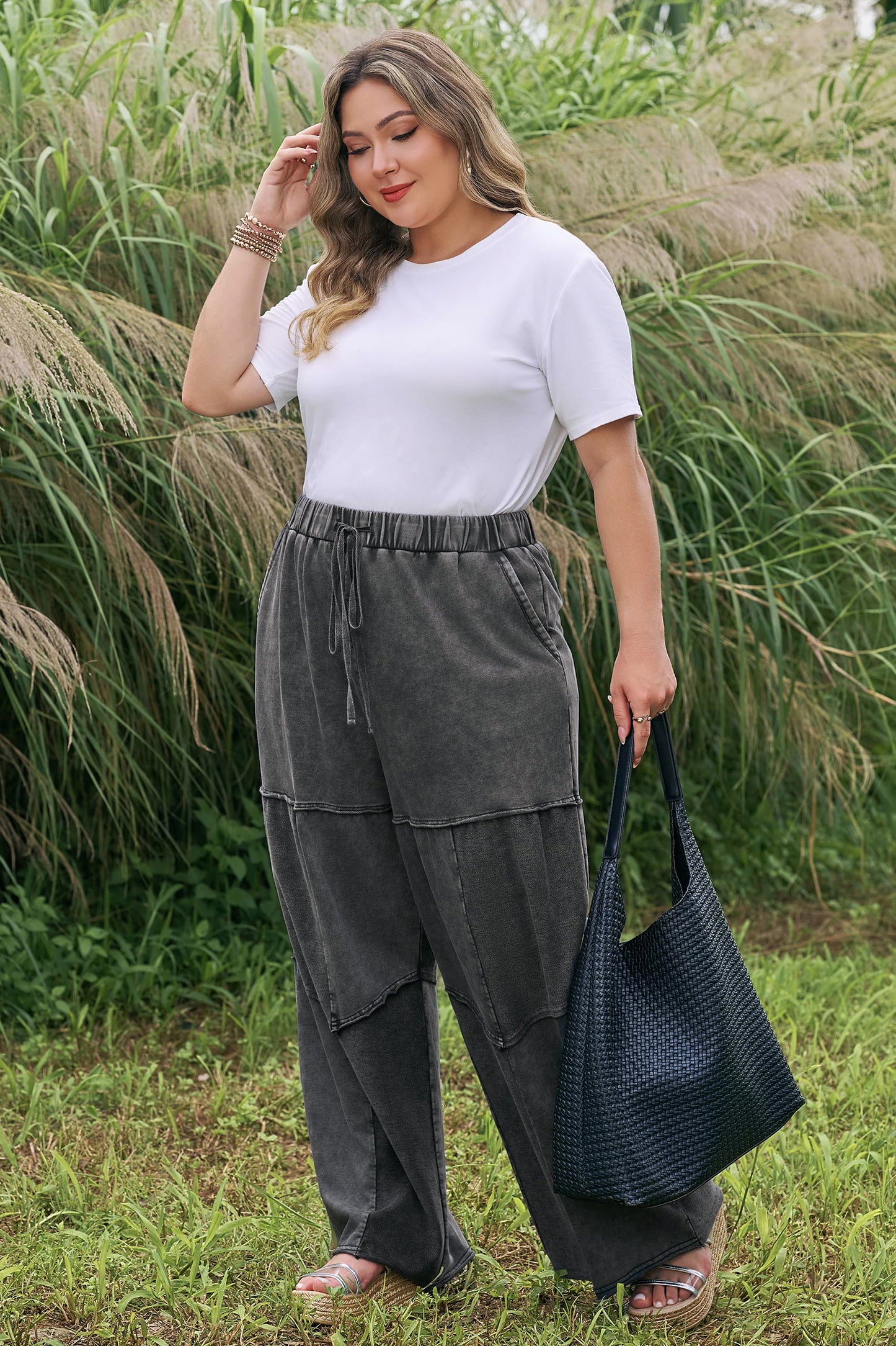 Black Plus Size Mineral Wash Exposed Seam Patchwork Drawstring Loose Pants-Plus Size/Plus Size Bottoms-[Adult]-[Female]-2022 Online Blue Zone Planet