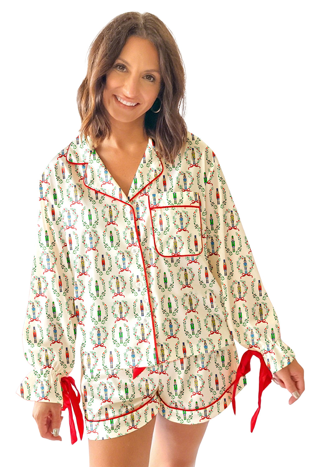 Beige Nutcracker Print Contrast Trim Bowknot 2pcs Pajama Set-Loungewear Set-[Adult]-[Female]-2022 Online Blue Zone Planet