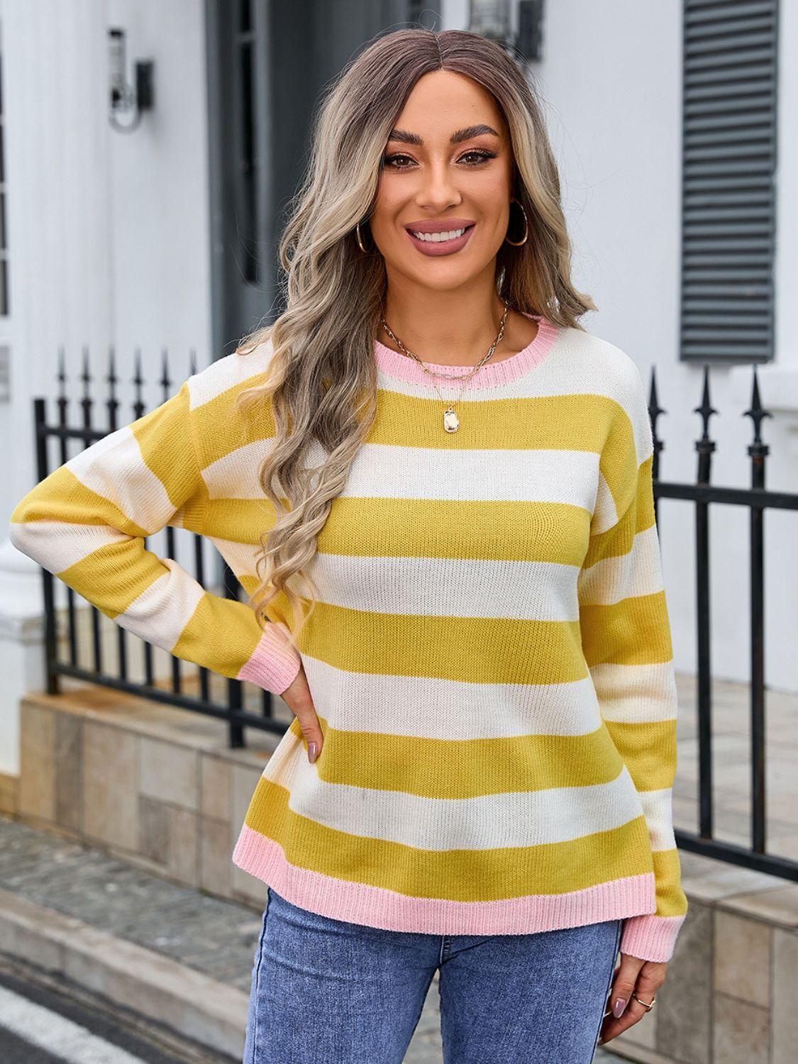 Striped Round Neck Dropped Shoulder Sweater-TOPS / DRESSES-[Adult]-[Female]-Mustard-S-2022 Online Blue Zone Planet