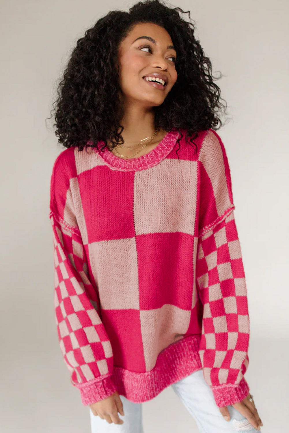 Rose Red Mixed Checkered Pattern Drop Shoulder Loose Sweater-Sweaters & Cardigans/Sweaters-[Adult]-[Female]-2022 Online Blue Zone Planet