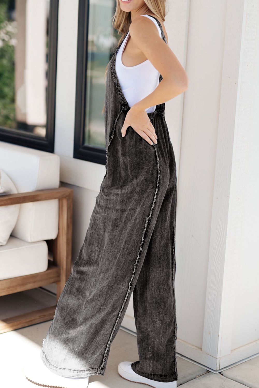 Frayed Exposed Seam Wide Leg Denim Overalls-TOPS / DRESSES-[Adult]-[Female]-2022 Online Blue Zone Planet