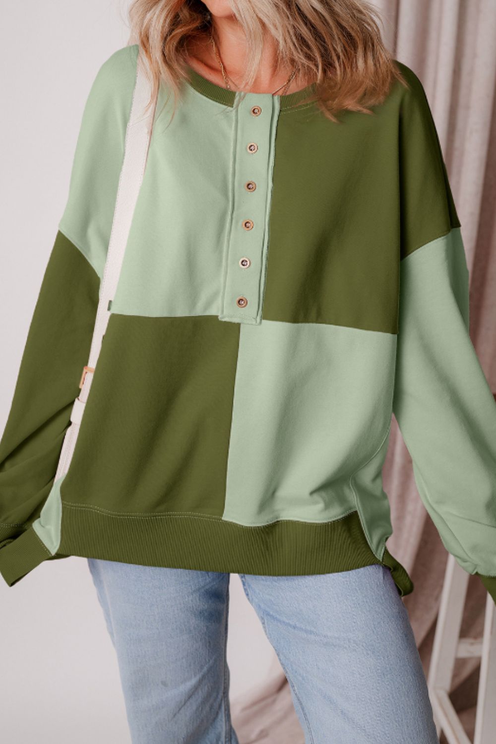 Blue Zone Planet | Color Block Half Button Long Sleeve Sweatshirt-TOPS / DRESSES-[Adult]-[Female]-Green-S-2022 Online Blue Zone Planet