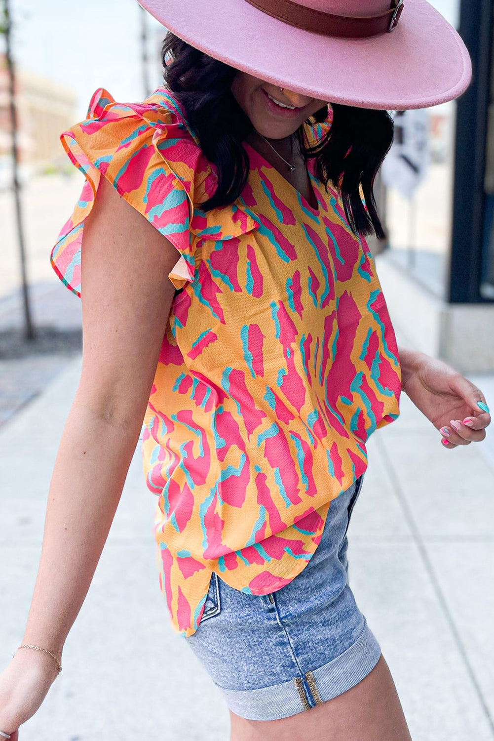 Orange Abstract Print V Neck Ruffled Sleeve Blouse-Tops/Blouses & Shirts-[Adult]-[Female]-2022 Online Blue Zone Planet