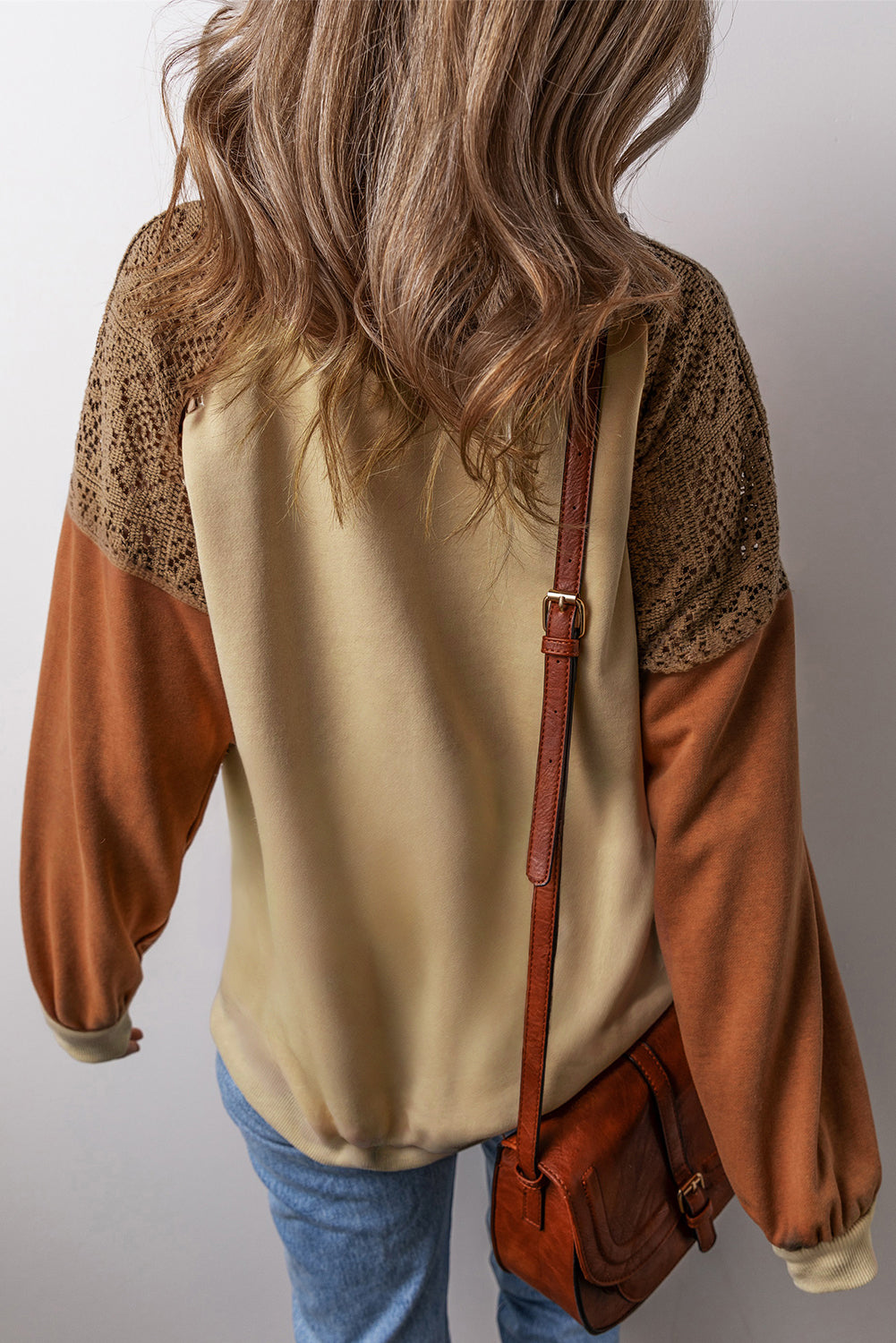 Khaki Lace Patchwork Colorblock Drop Shoulder Sweatshirt-Tops/Sweatshirts & Hoodies-[Adult]-[Female]-2022 Online Blue Zone Planet