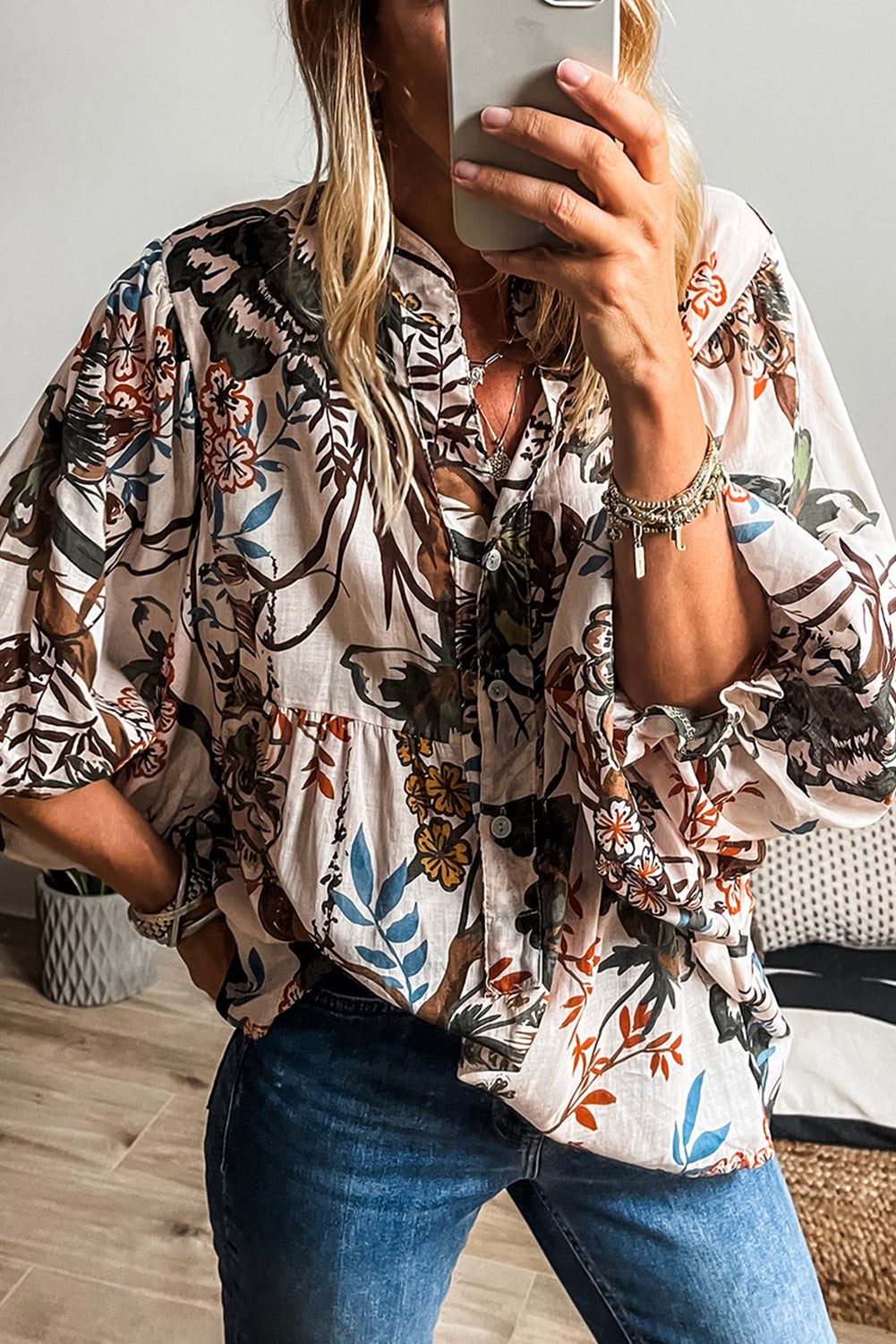 Blue Zone Planet | White Floral Print Balloon Sleeves Button Up Loose Casual Shirt-Tops/Blouses & Shirts-[Adult]-[Female]-White-S-2022 Online Blue Zone Planet