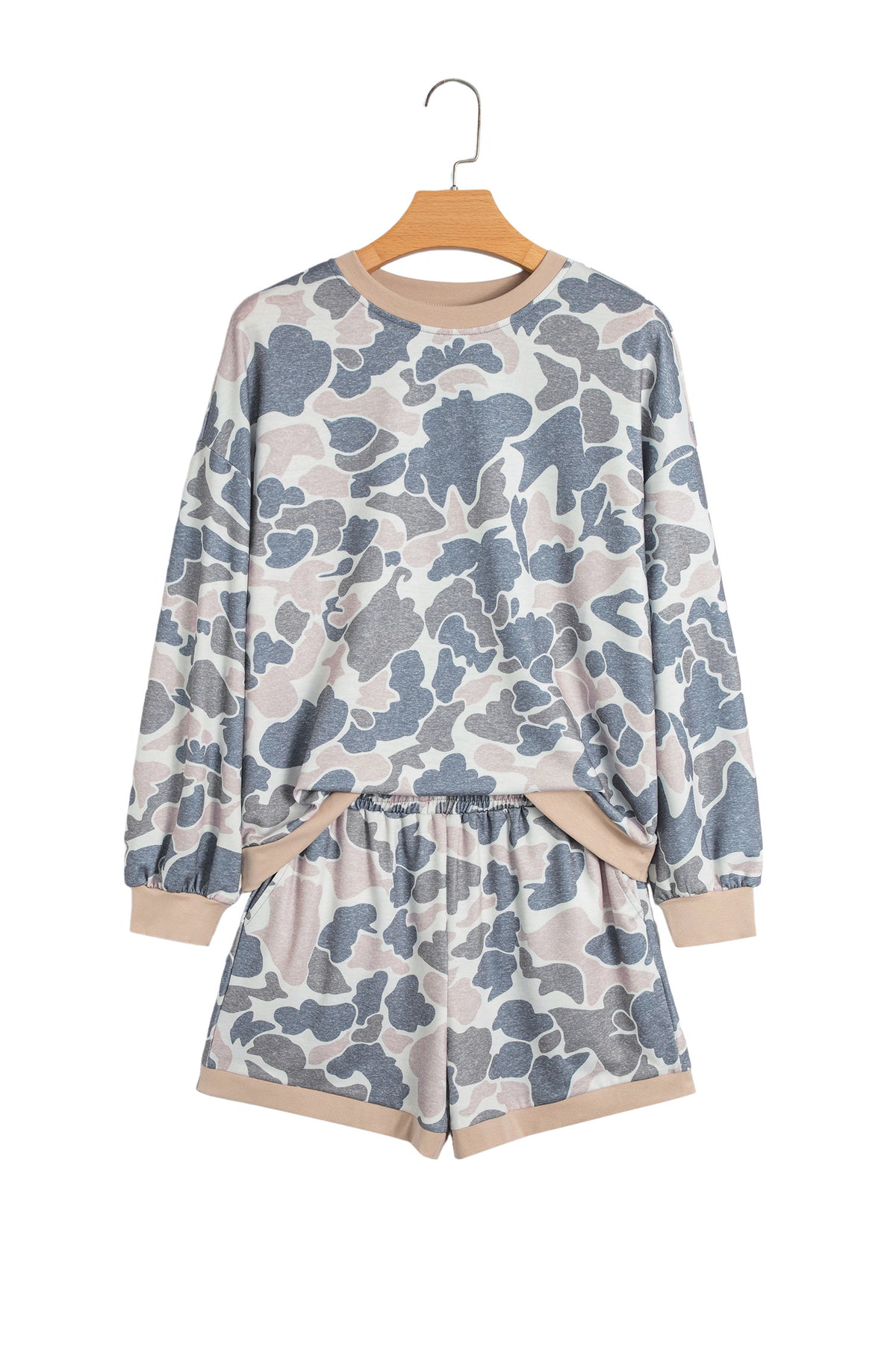 Multicolour Camouflage Patchwork Colorblock 2pcs Long Sleeve Top and Shorts Set-Two Piece Sets/Short Sets-[Adult]-[Female]-2022 Online Blue Zone Planet