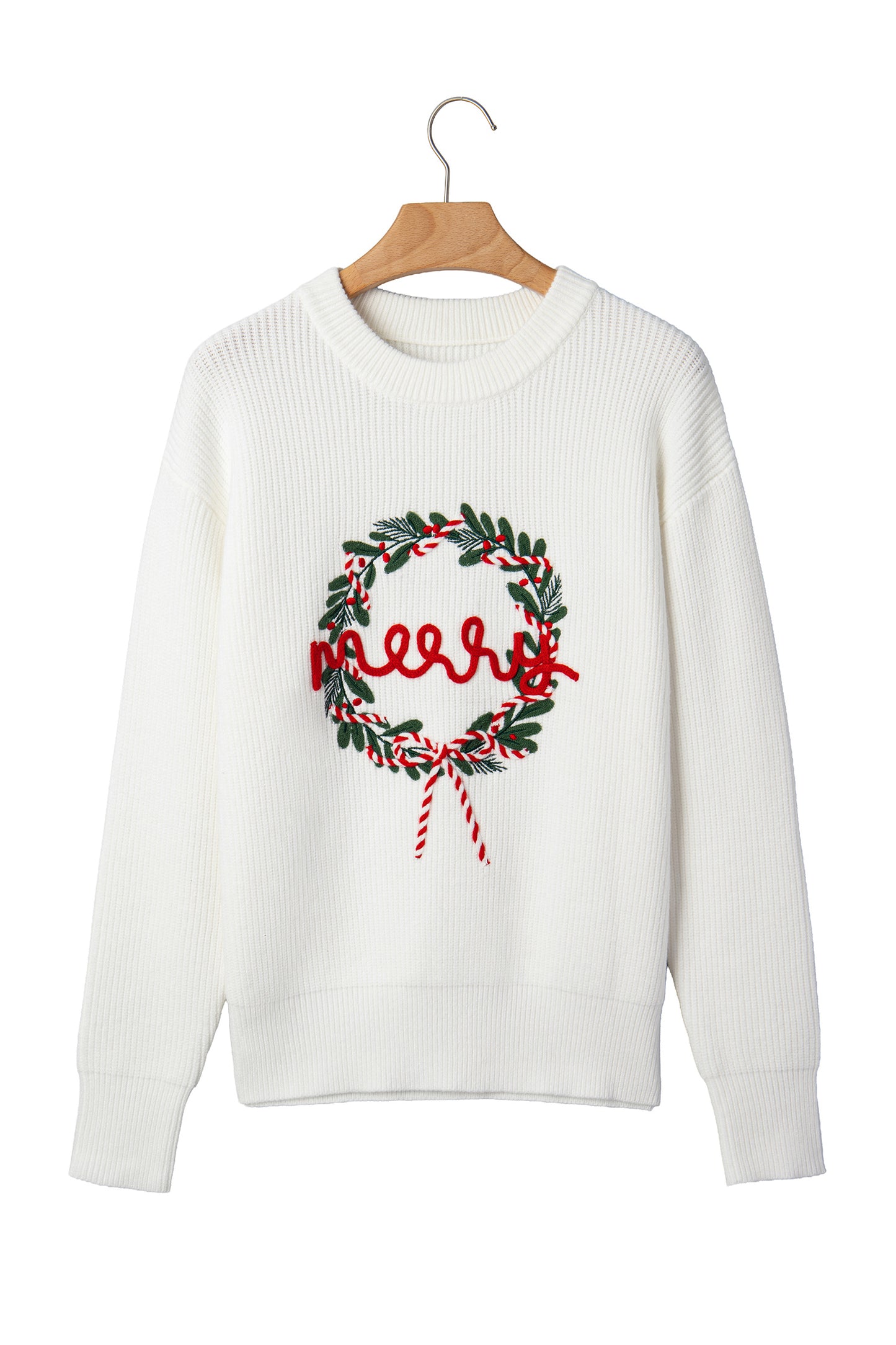 White Christmas Wreath Pattern Round Neck Casual Sweater-TOPS / DRESSES-[Adult]-[Female]-2022 Online Blue Zone Planet