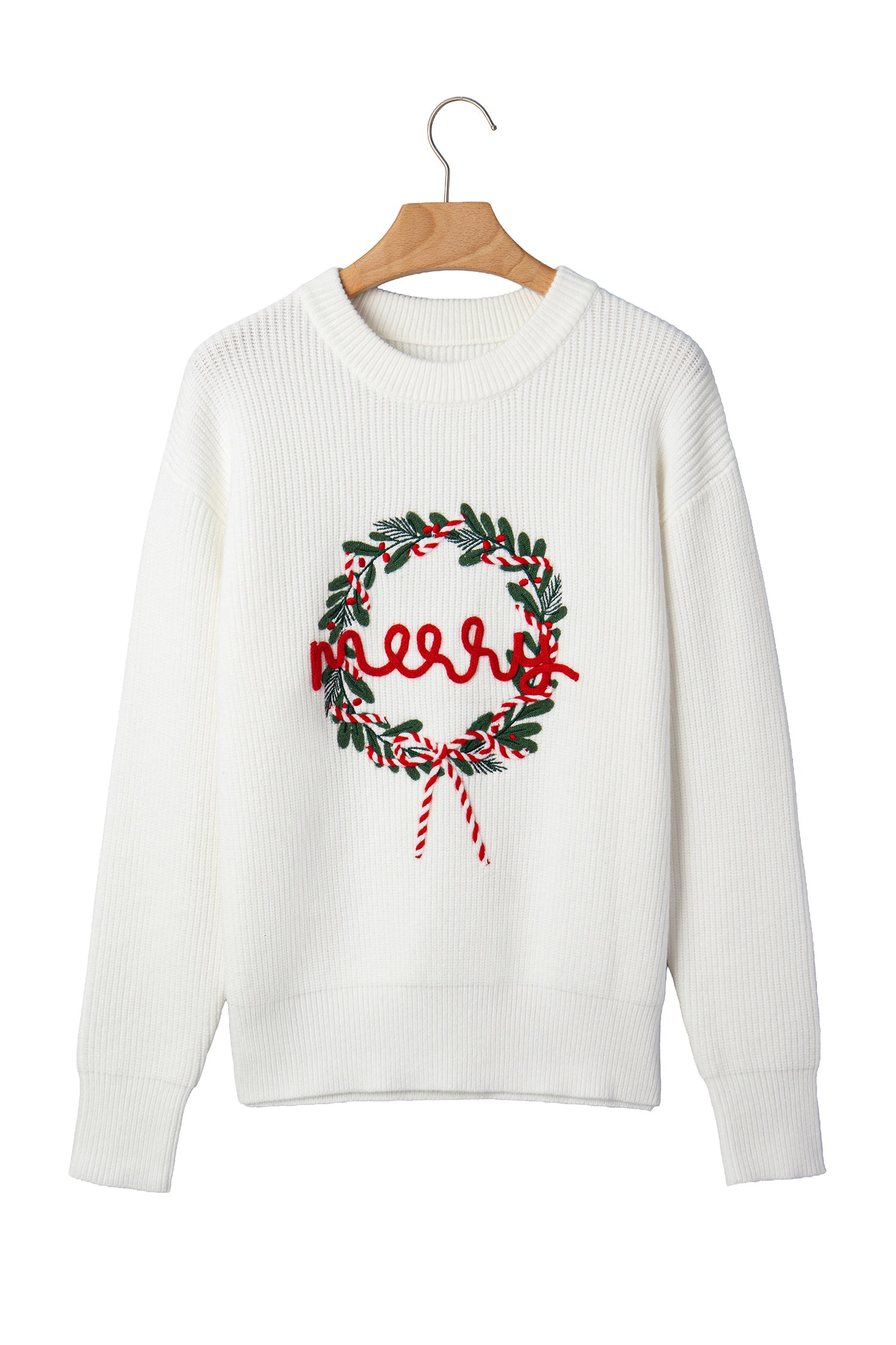 White Christmas Wreath Pattern Round Neck Casual Sweater-TOPS / DRESSES-[Adult]-[Female]-2022 Online Blue Zone Planet