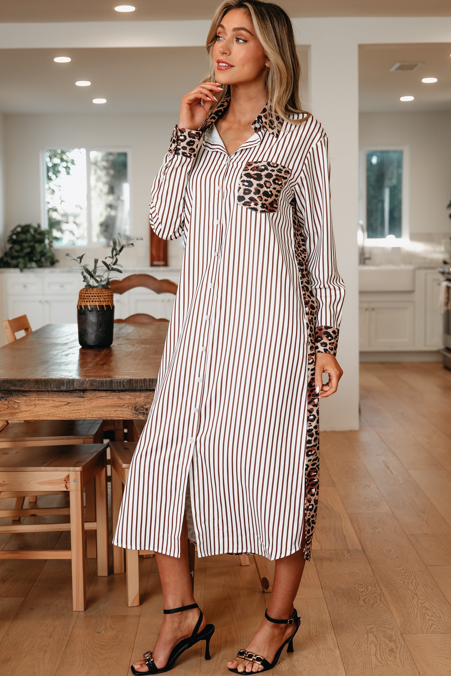 Brown Stripe Contrast Leopard Patchwork Long Shirt Dress with Slits-TOPS / DRESSES-[Adult]-[Female]-2022 Online Blue Zone Planet