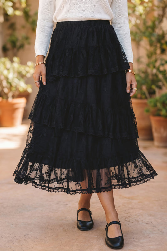 Black Elegant Ruffle Lace Tiered Skirt-Bottoms/Skirts & Petticoat-[Adult]-[Female]-Black-S-2022 Online Blue Zone Planet
