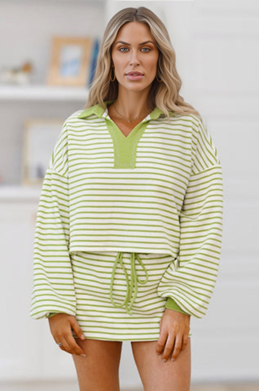 Green Stripe Collared V Neck Drop Shoulder Pullover and Skort 2pcs Outfit-Two Piece Sets/Two Piece Dresses-[Adult]-[Female]-2022 Online Blue Zone Planet