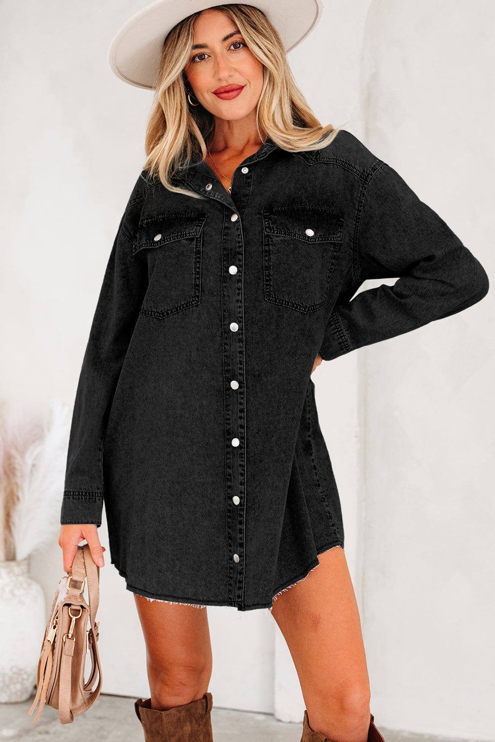 Medium Grey Beau Chest Pocket Raw Hem Denim Loose Shirt Dress-TOPS / DRESSES-[Adult]-[Female]-2022 Online Blue Zone Planet